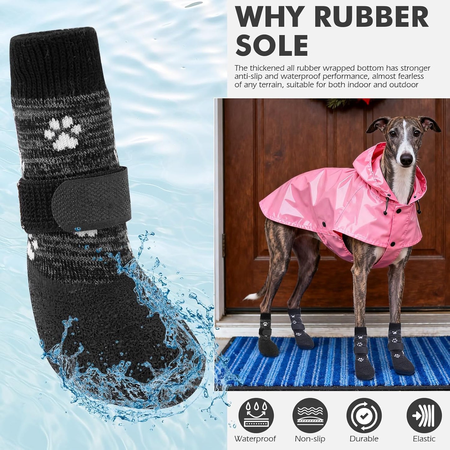 Mihachi Anti Slip Dog Socks, Dog Boots for Hardwood Floors Prevent Licking, Traction Control Waterproof Rubber Sole Paw Protectors for Small Medium Large Dogs,Grey S