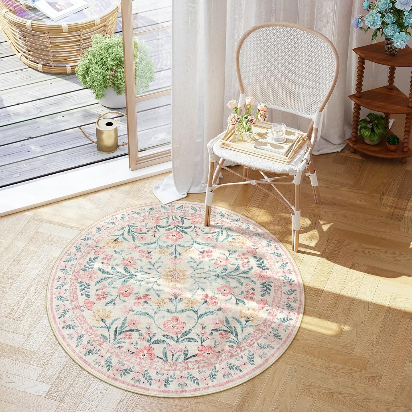 Lahome Sylvie Boho Light Pink Round Rug 4ft, Washable Small Circle Rugs for Bedroom Kids, Pink and Green Nursery Circular Carpet Girl Decor, Soft Non-Slip Round Carpet for Sunroom, Blush