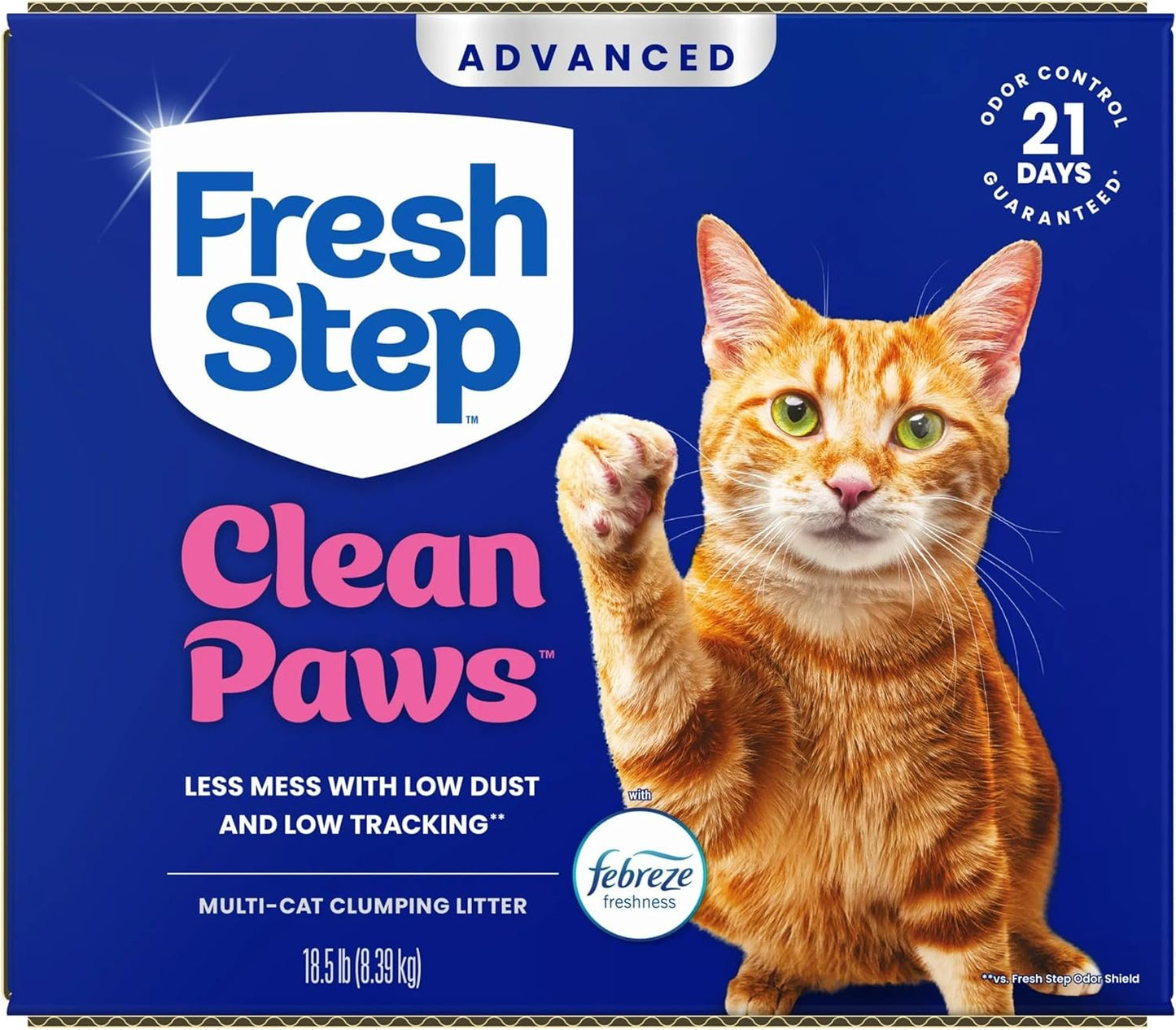 Fresh Step Advanced Clean Paws Multi Cat Clumping Cat Litter with Febreze Freshness, Low Dust, Odor Control with Ammonia Block Tech, Compatible in Automatic Litter Boxes, 37 lbs. (2 x 18.5 lb.)