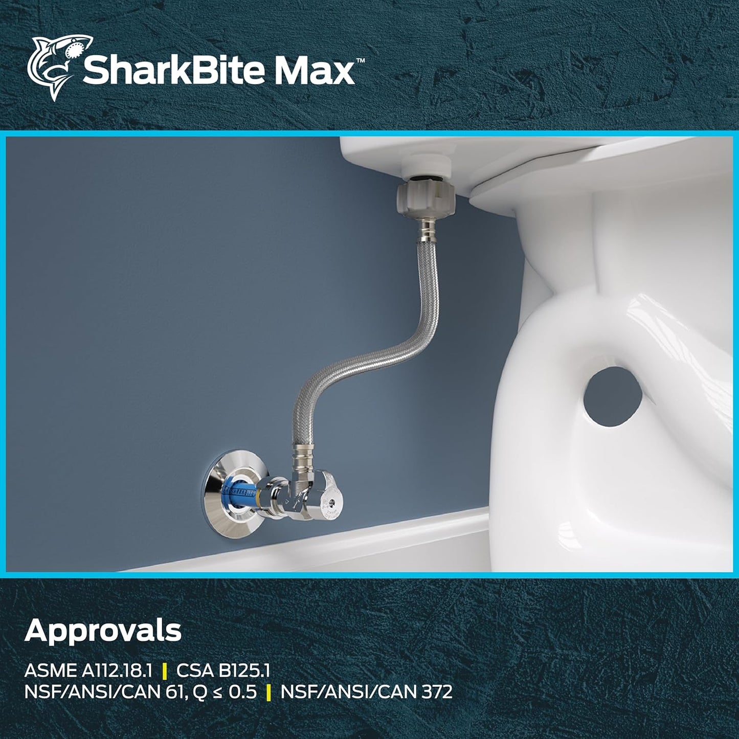 SharkBite Max 12 In. Stainless Steel Braided Toilet Connector with Angle Stop Valve, 1/2 Inch PTC x 7/8 Inch Ballcock, PEX Pipe, Copper, CPVC, PE-RT, HDPE, UR24656