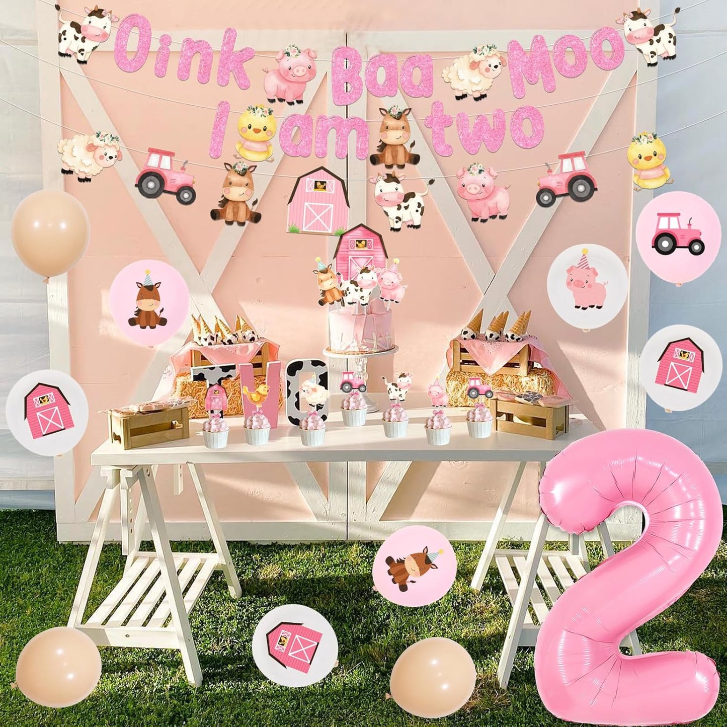 Pink Farm 2nd Birthday Decorations for Girls - Oink Baa Moo I’m Two Farm Animal Theme Birthday Party Supplies with Banner Garland Balloons Cake Toppers Cupcake Toppers