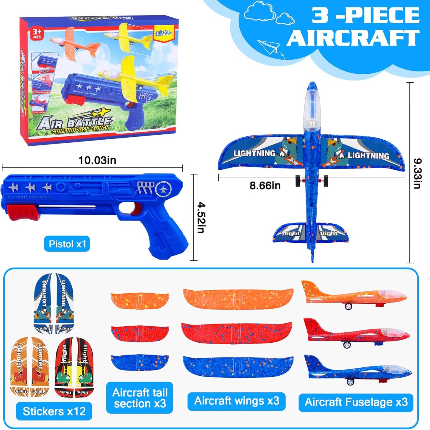 3 Pack Airplane Launcher Toys, 2 Flight Modes LED Foam Glider Catapult Plane, Outdoor Flying Toy for Kids, Birthday Gifts for Boy Girl 3+ Year Old, B-Day Party Supplies