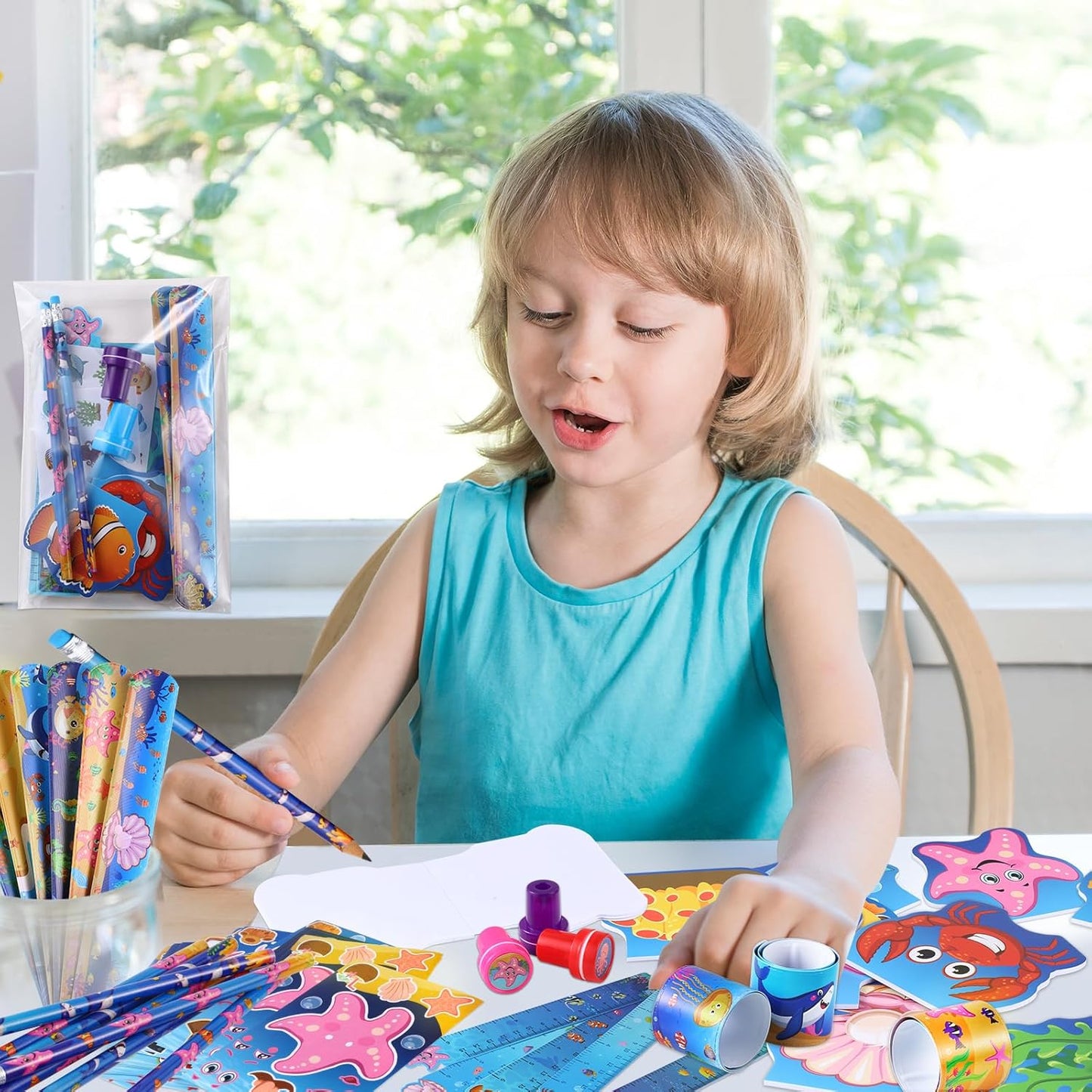 BenLouis 120Pcs Under the Sea Party Favors Ocean Animals Party Stampers Stickers School Stationery Bulk for Kids Sea Shark Birthday Mermaid Party Goodie Bag Stuffer Classroom Gifts Rewards Supplies