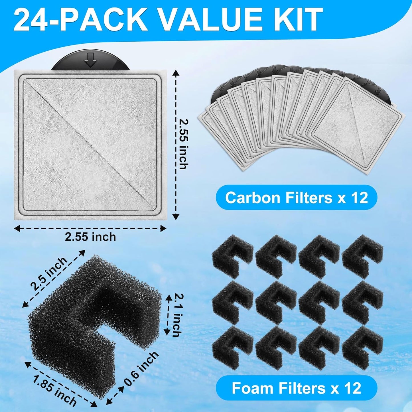 Enhon 24 Pack Cat Water Fountain Filter Replacement Kit, 12 Foam Filters & 12 Carbon Filters Compatible with PetSafe Viva 64/140oz, Outlast Pumpless, Ion-X & Premier Pet Fountains, Dual Filtration
