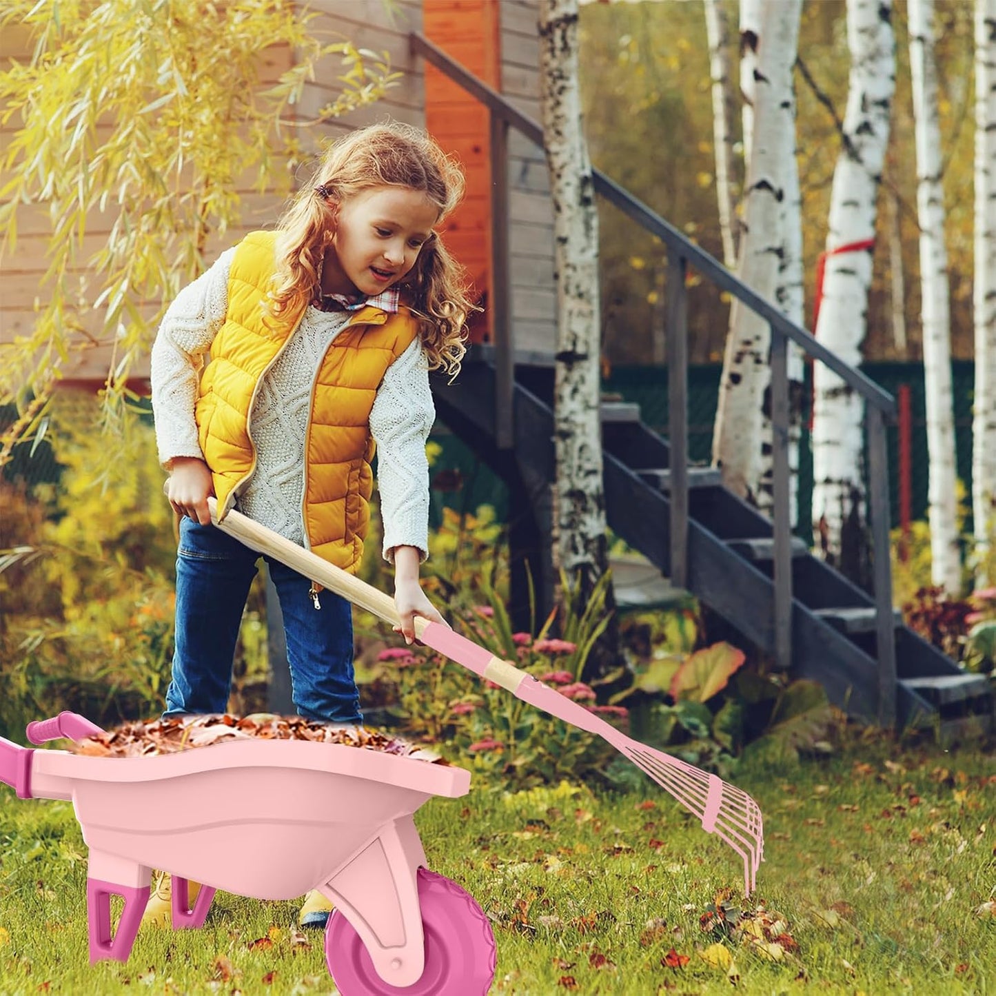 Kids Gardening Set with Wheelbarrow, Real Metal Garden Tools for Kids Ages 3-8, 4 Long Handle Tools, 3 Hand Tool, Gloves, 5 Stickers, Handbook, Outdoor Backyard Toys for Toddler Gift