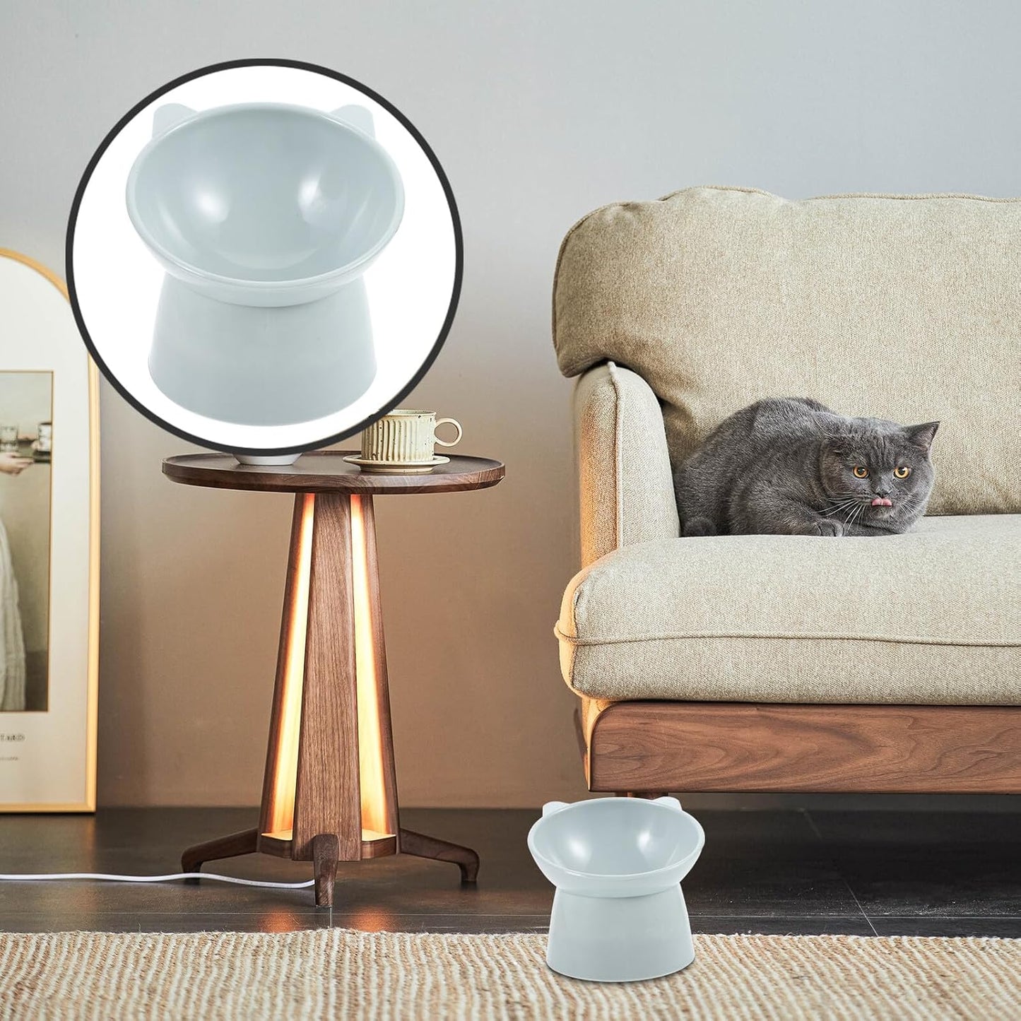 Raised Cat Food Bowl Ergonomic Design Elevated Plastic Cat Feeding Bowl with Neck Protection Slow Feeder Shallow Dish Grey