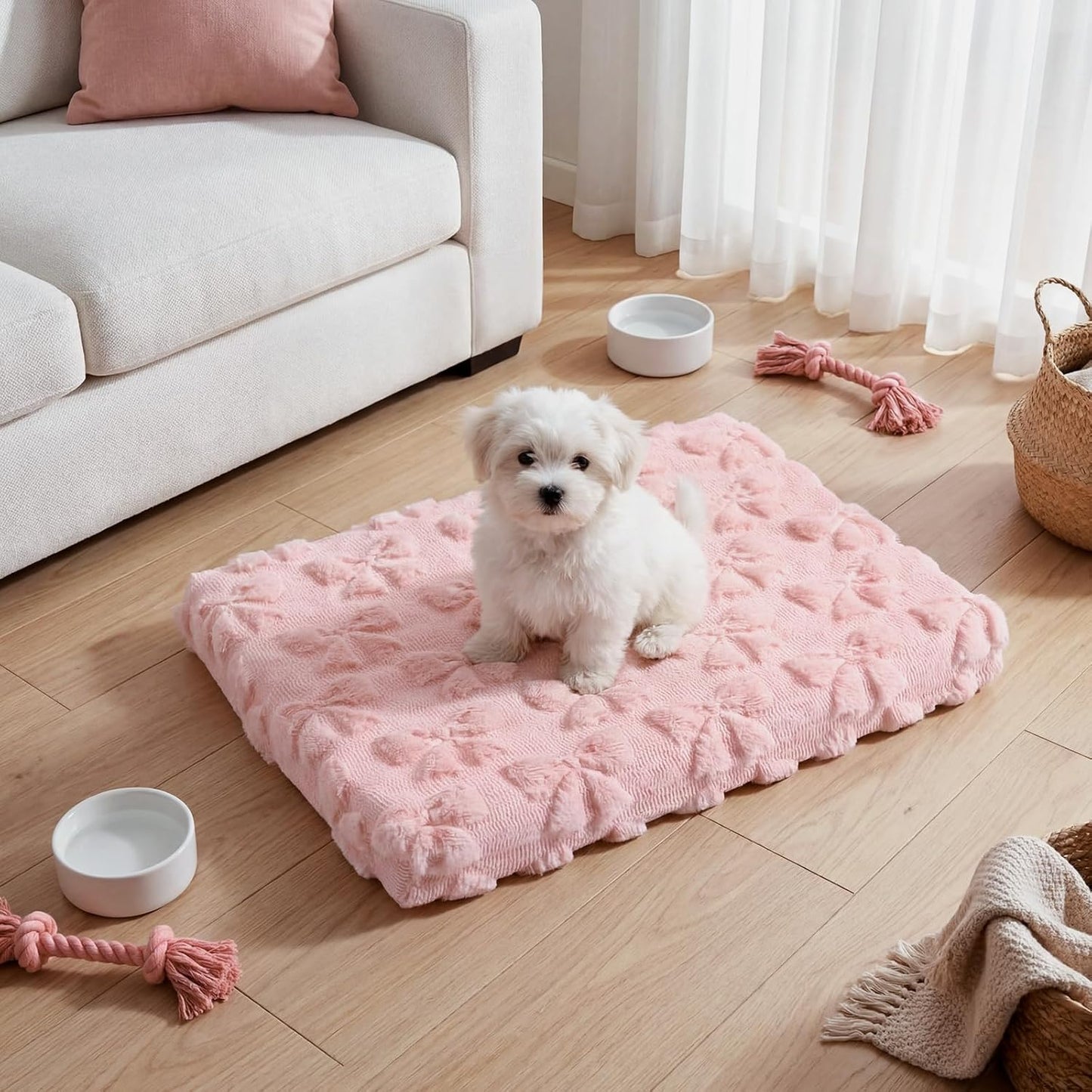 Geelin Pink Bow Dog Bed Mat Cute Dog Crate Pad with Removable Washable Cover Double Sided Cool and Warm 24 x 18.1 x 3 Inch Pink Puppy Bed