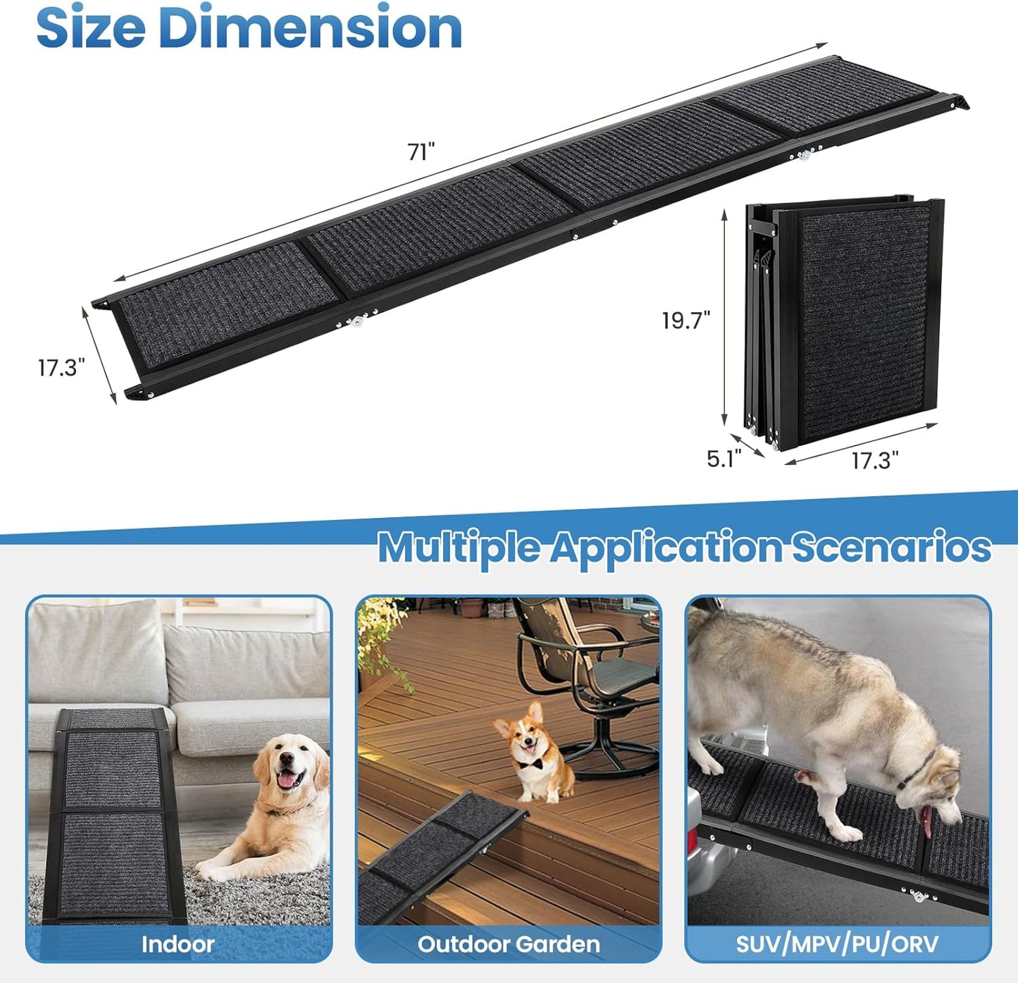 Dollate 71" Long Dog Ramp for Car,17" Wide Foldable Dog Ramps for Large Pet with Non-Slip Rug Surface,Up to 250 LBS for Car, SUV & Truck-L