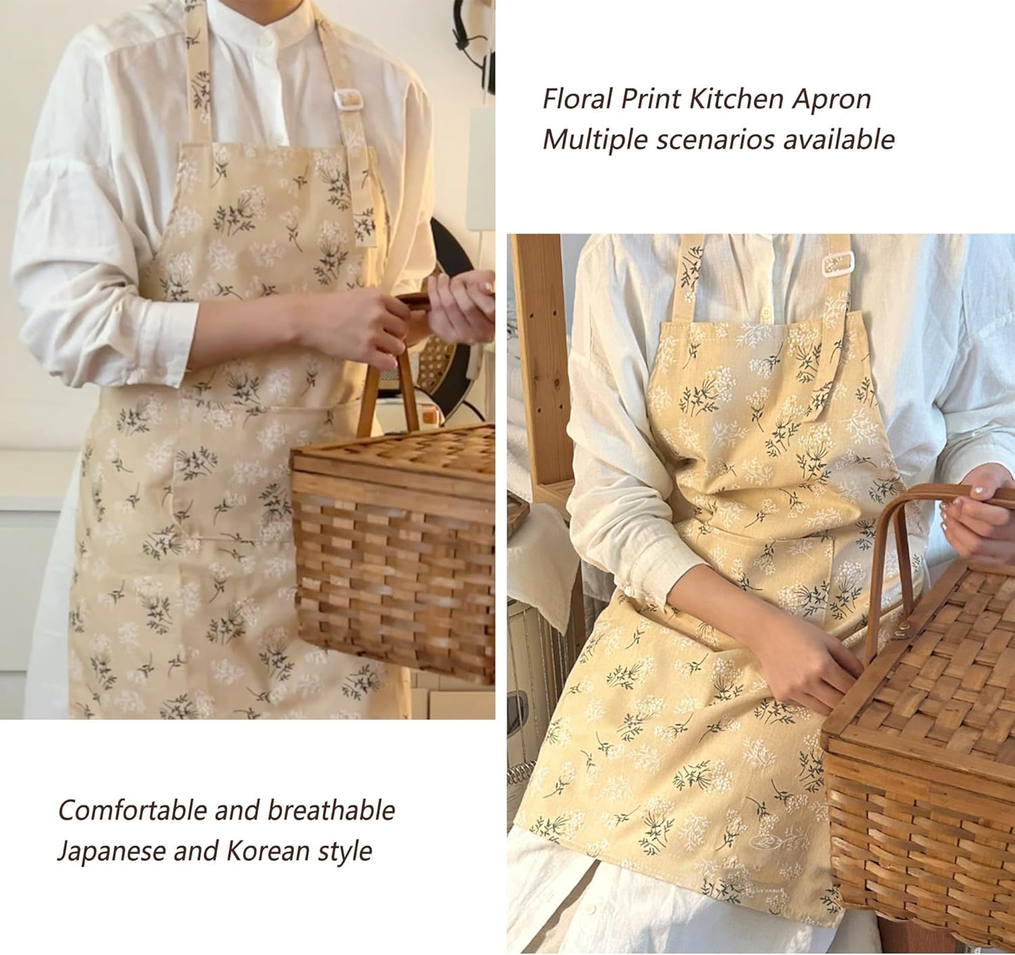 Aprons for Women with Pockets, Japanese Linen Kitchen Apron, Adjustable Lightweight Breathable Embossed Fabric, Cooking Baking Gardening Craft Apron, Vintage Floral Style