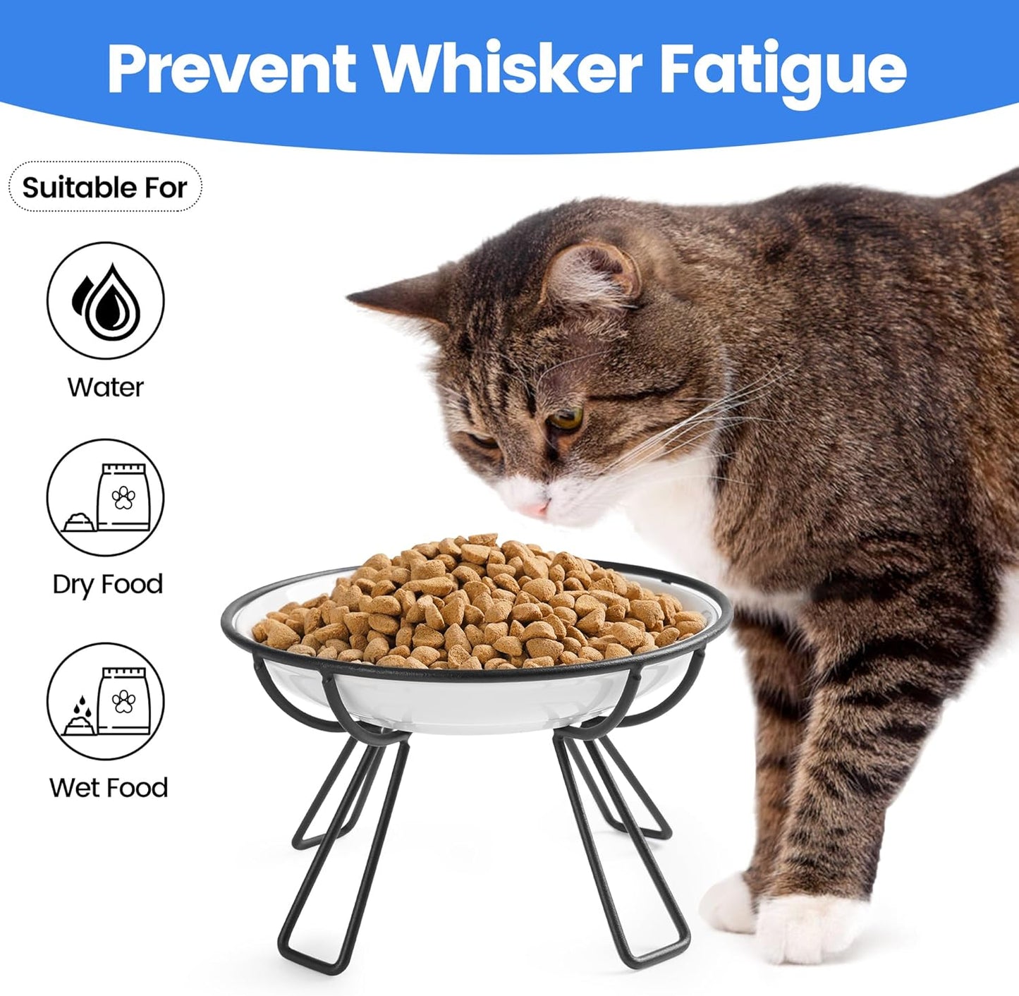 Ceramic Elevated Cat Bowls - Whisker Friendly, Anti-Vomiting, Stylish & Hygienic Cat Bowl Set (Line Cat, 2 Pack)