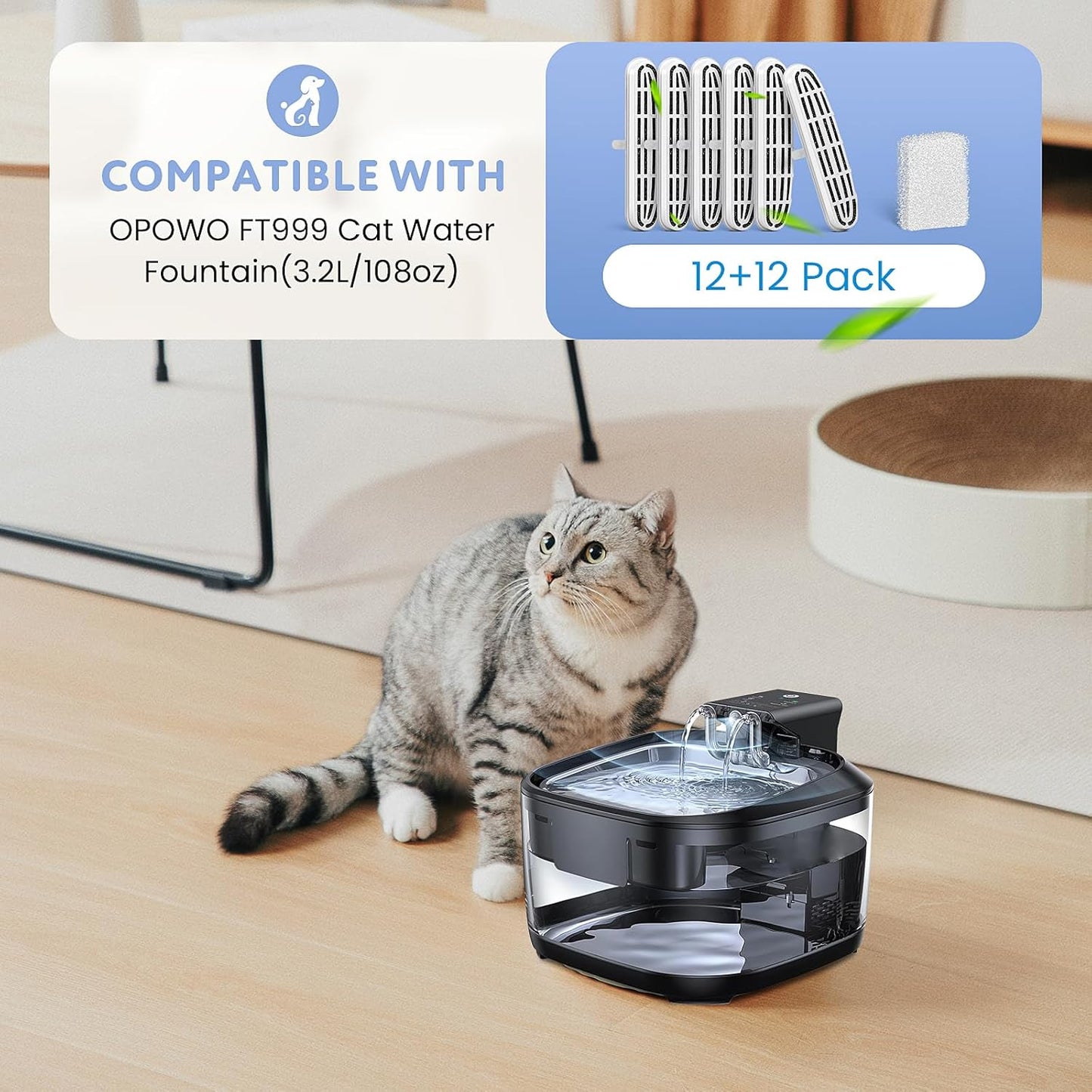 24 Pack (12 Filters & 12 Sponges) Cat Water Fountain Filters Compatible with OPOWO FT999 Cat Water Fountain (3.2L/108oz), Replacement Refills for Stainless Steel Pet Fountain