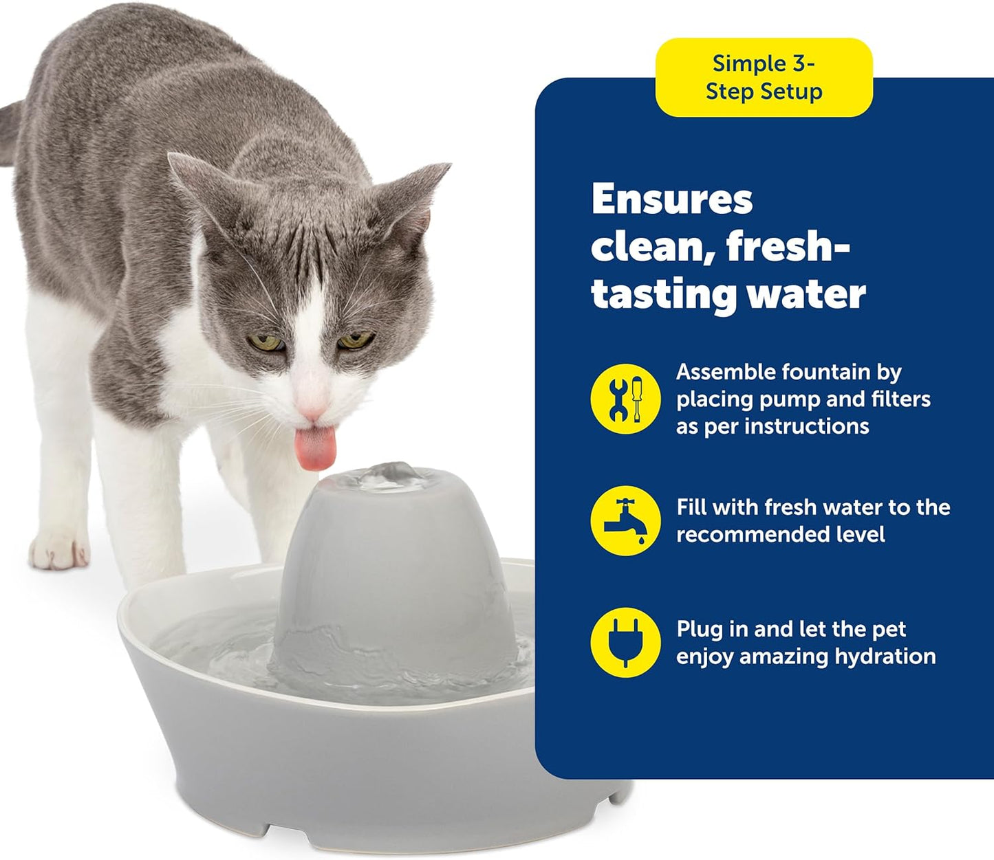 PetSafe Ceramic Pet Fountain – for Cats and Small Dogs – 60 Oz Water Capacity – Whisper-Quiet Water Flow – Great for Shy or Timid Pets – Fresh, Filtered Water