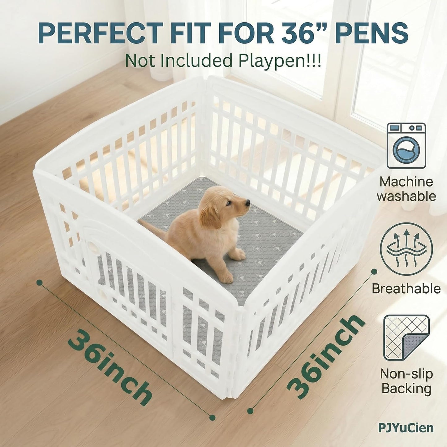PJYuCien 2 Pack Non-Slip 36"x36" Pet Playpen Mat with 3-Layer Comfort, Reusable and Washable Training Crate Pad, Travel Mat and Sofa Protector for Puppies, Dogs, Cats, Rabbits, and Small Animals, Gray