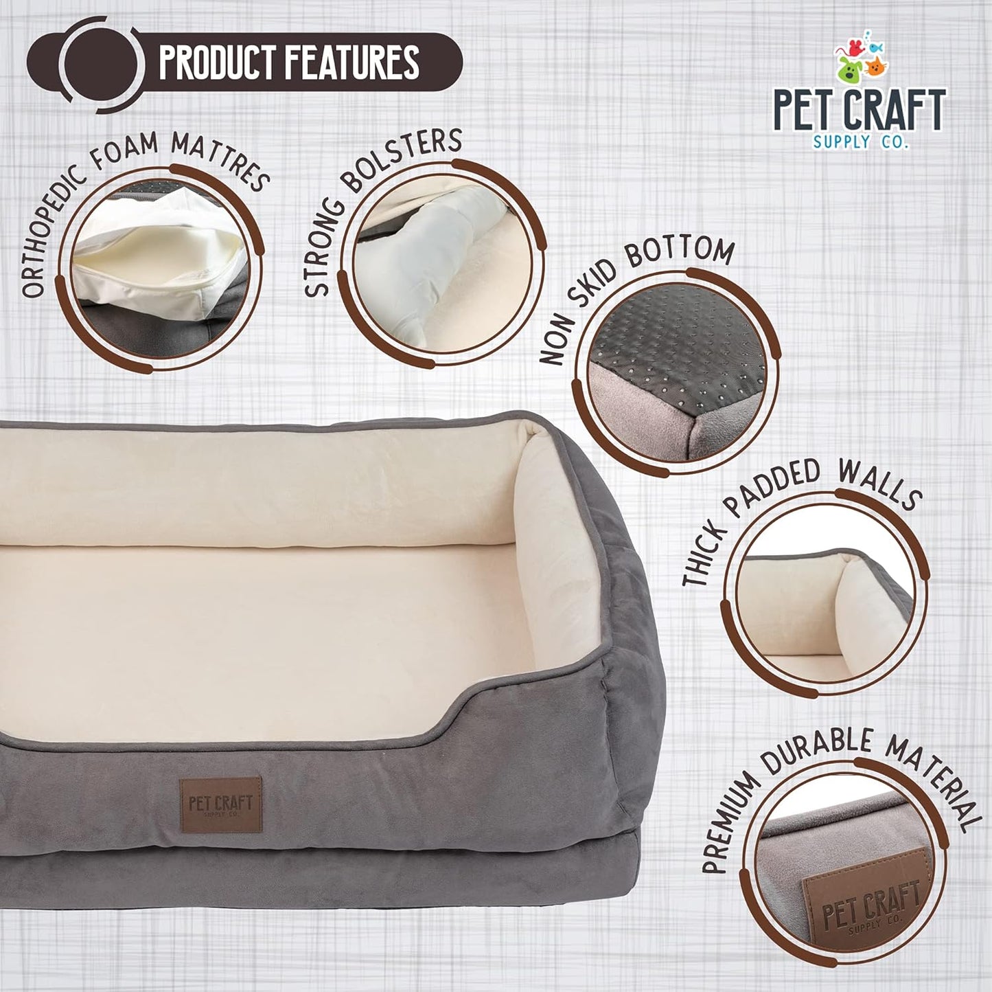 Pet Craft Supply Premium Orthopedic Lounger Dog Bed Sofa Style Couch Removable Washable Cover Joint Arthritis Relief Bolster Headrest Pet Bed for Small Dogs Medium Large Breed Dogs, Cream (8730)