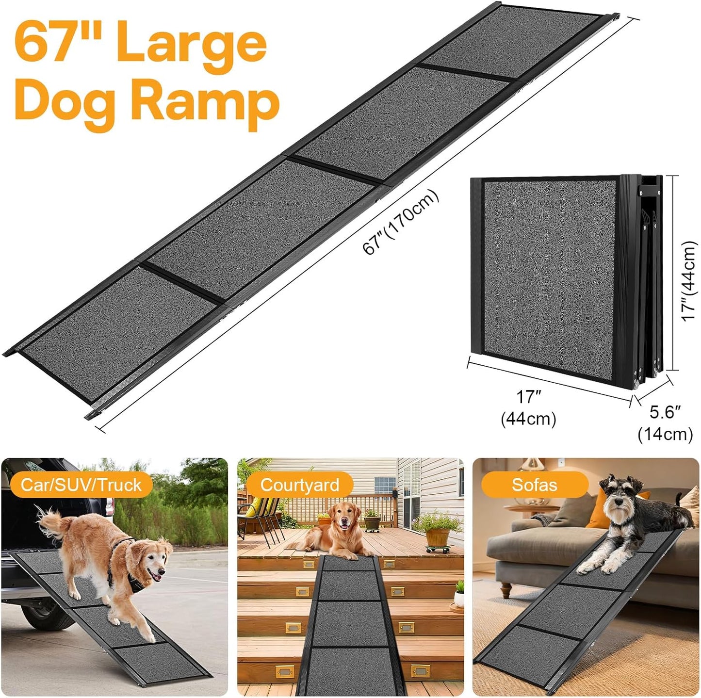 Dog Ramp for Truck, 67" Long 17" Wide Dog Ramp for Large Dog - Heavy Duty Up to 250LBS Capacity Pet Stair with Non-Slip Surface, Folding Portable Aluminum Pet Ramp for Outdoor, Trucks & SUV