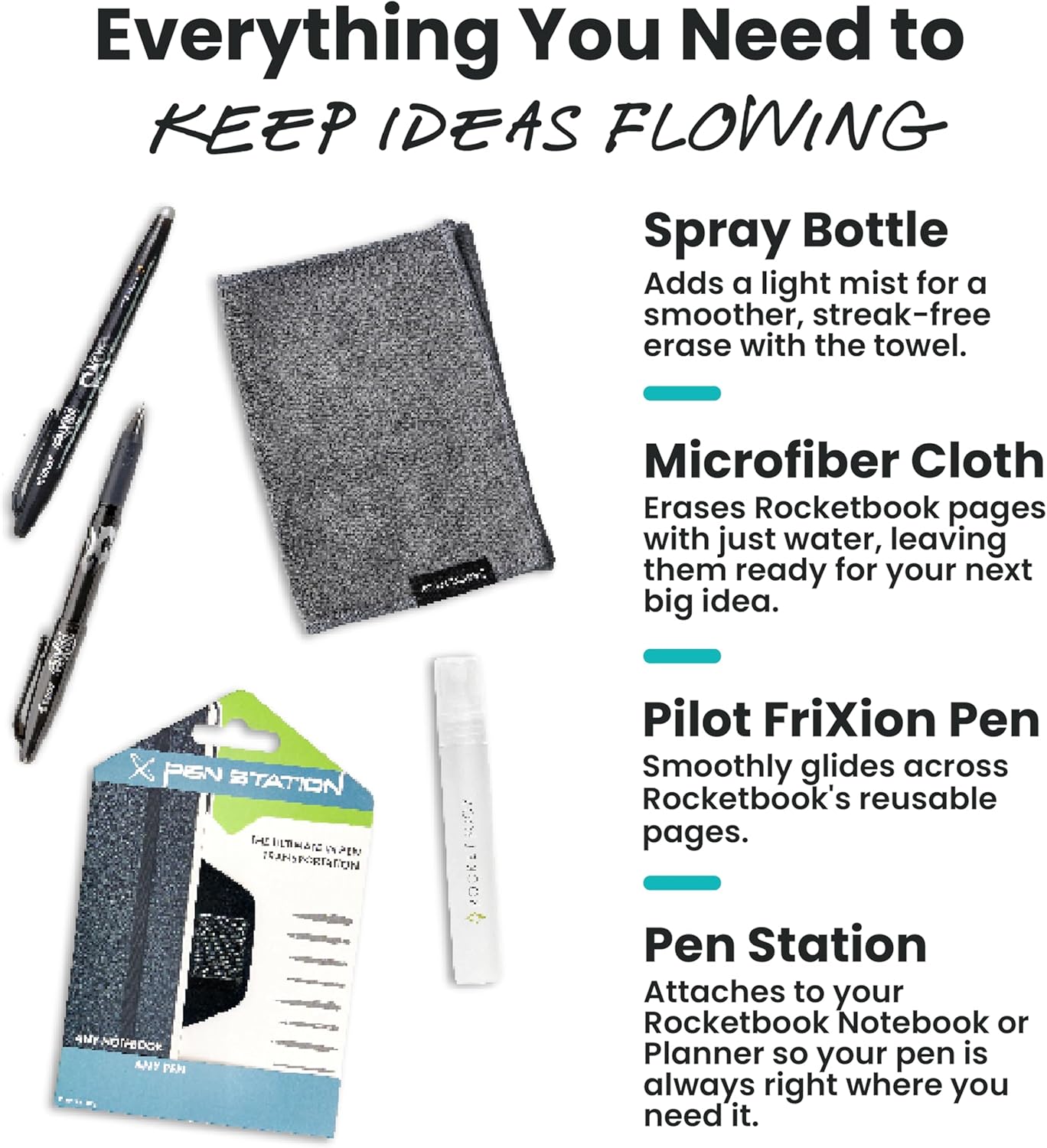 Rocketbook Accessory Kit – Complete Set with 2 FriXion Gel Pens, Spray Bottle, Microfiber Cloth & Pen Dock – Compatible with Rocketbook Notebooks & Planners for Effortless Organization Daily