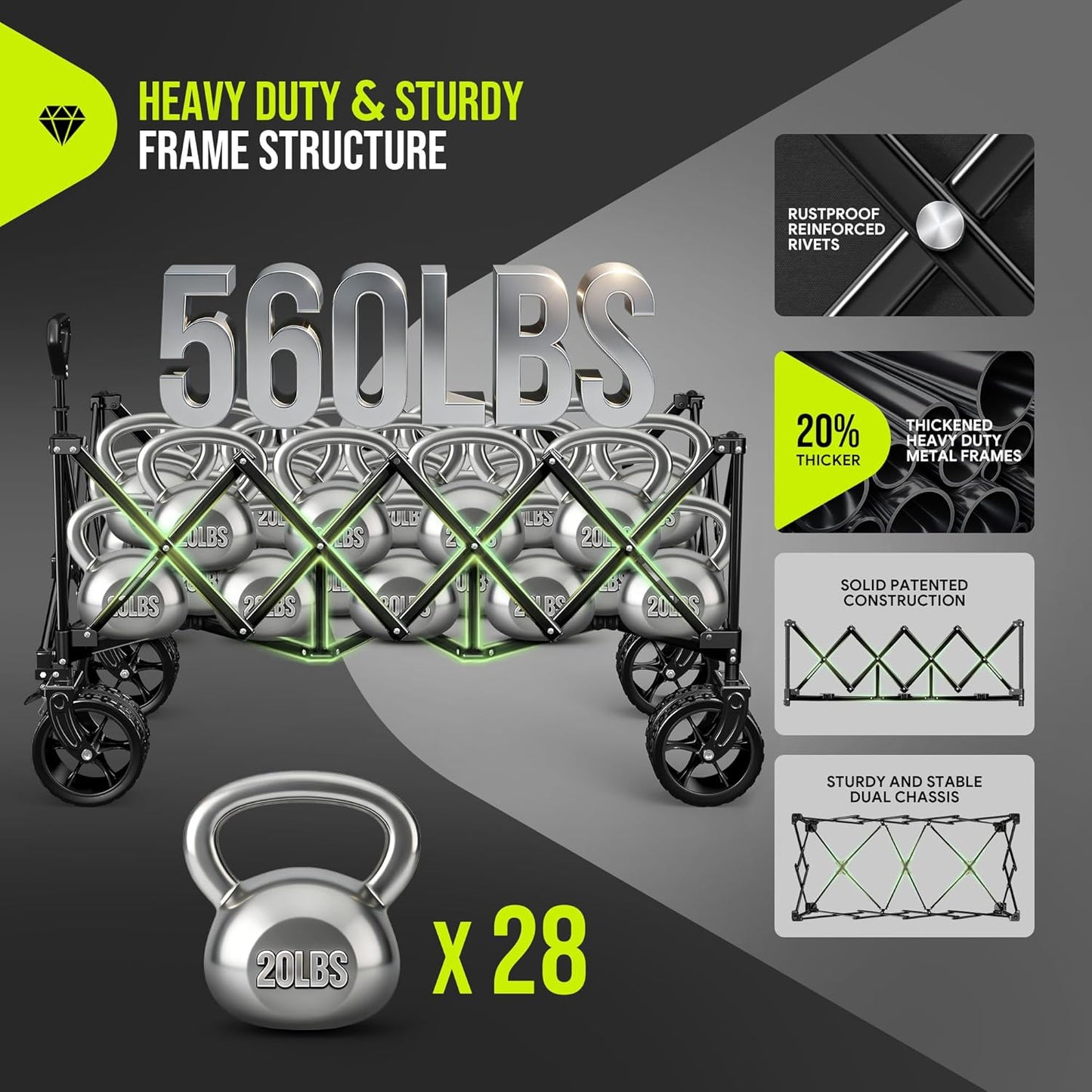 300L Extra Large Wagons Carts Foldable, 560LBS Heavy Duty Collapsible Beach Wagon 48" Long with Big All-Terrain Wheels, Utility Folding Cart for Camping, Grocery, Sports, Garden, Black