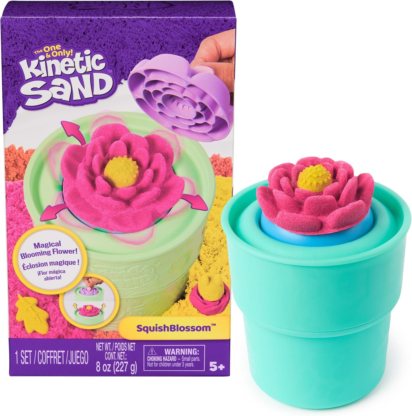 Kinetic Sand, SquishBlossom Blooming Flower, Easter Basket Stuffers, Includes 8oz Neon Yellow & Pink Moldable Play Sand, Pot & Molds, Sensory Toys for Kids