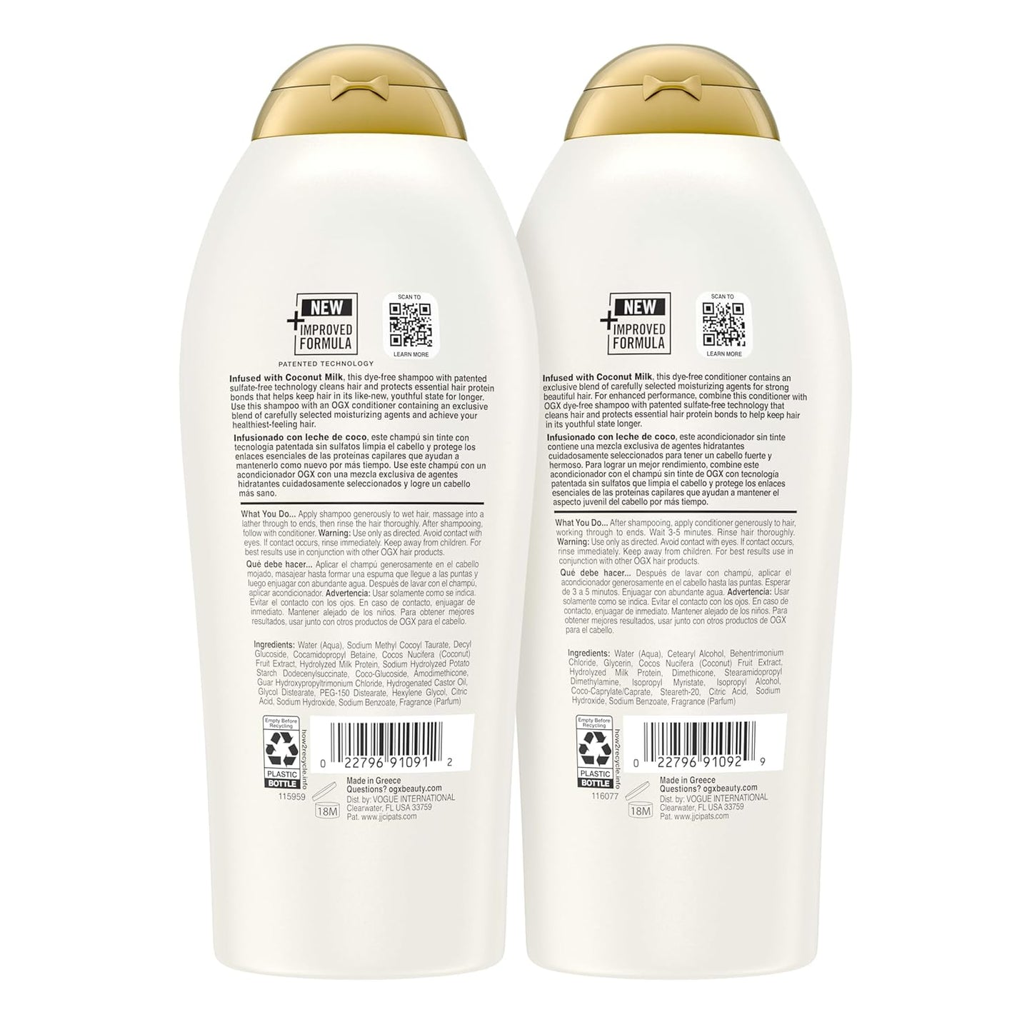 OGX Shampoo and Conditioner Set, Nourishing + Coconut Milk, Shampoo and Conditioner for Moisturizing & Strengthening Hair Care, Formulated without Sulfated Surfactants, 25.4 FL OZ, 2 Pack