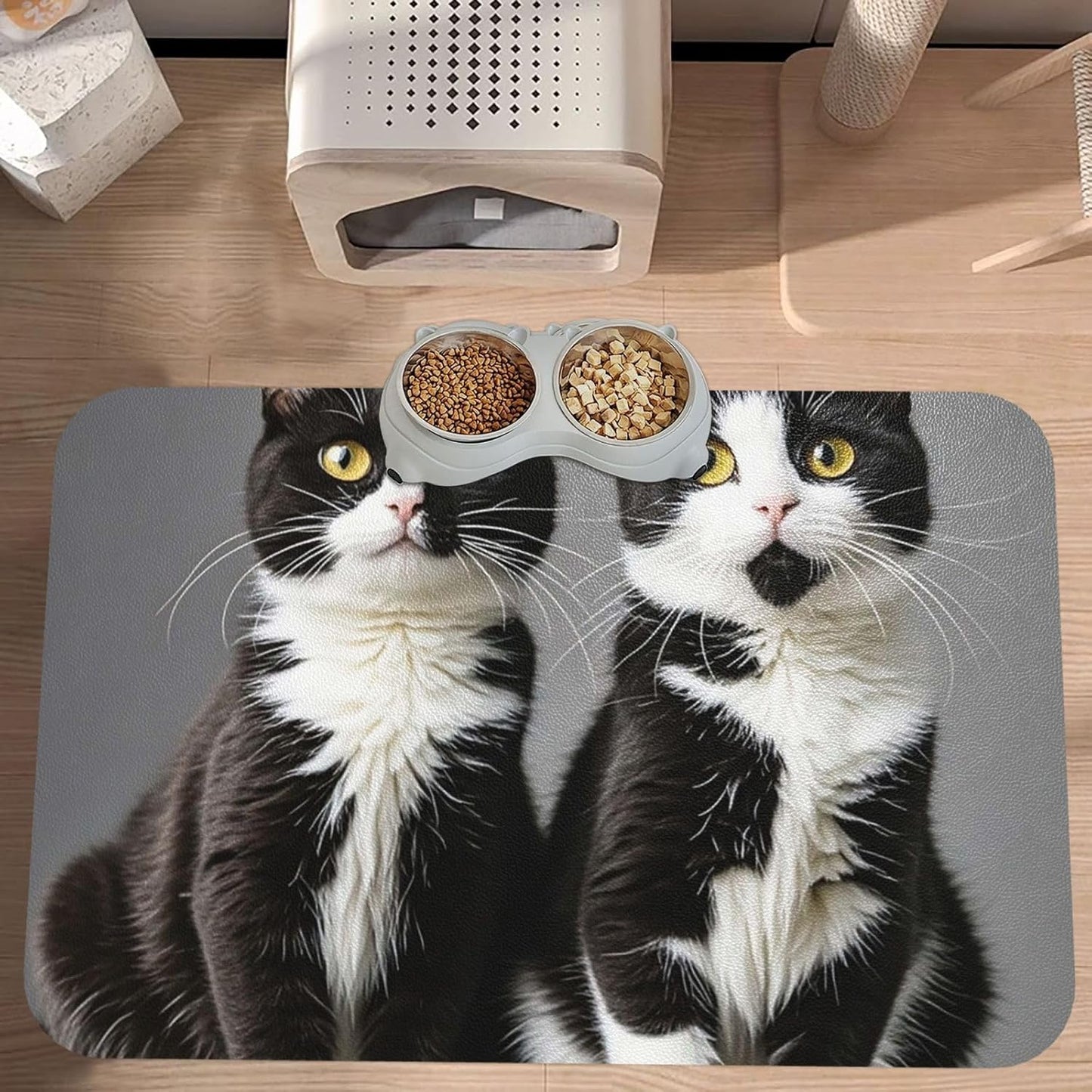 Pet Feeding Mat Leather Dog Food Mat Waterproof Pet Tablecloth Black and White Cats Pet Placemat for Dogs Absorbent Dog Bowl Mat Anti-Slip Dogs Mats for Food and Water