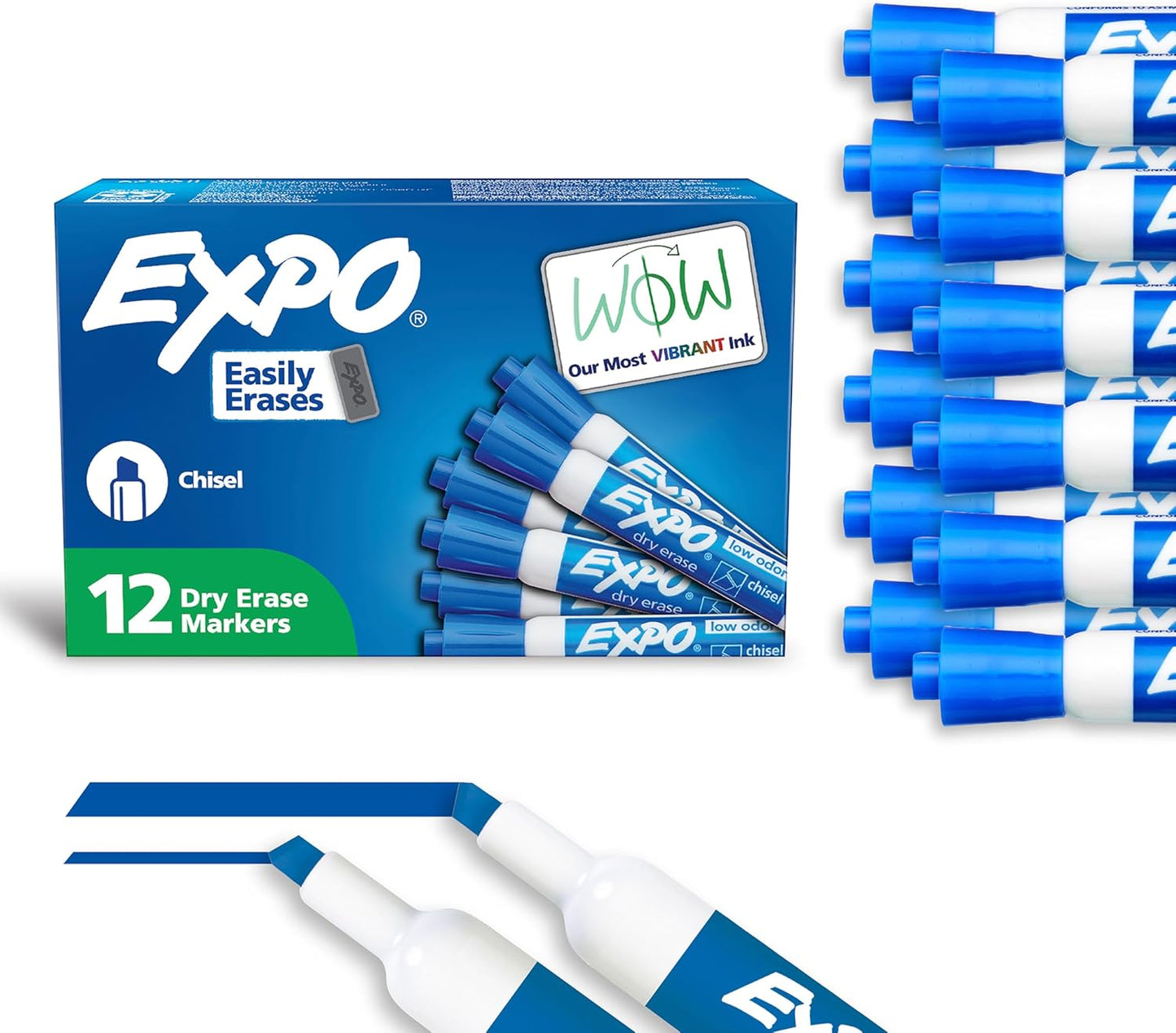 EXPO Low Odor Dry Erase Markers Chisel Tip Blue 12 Count