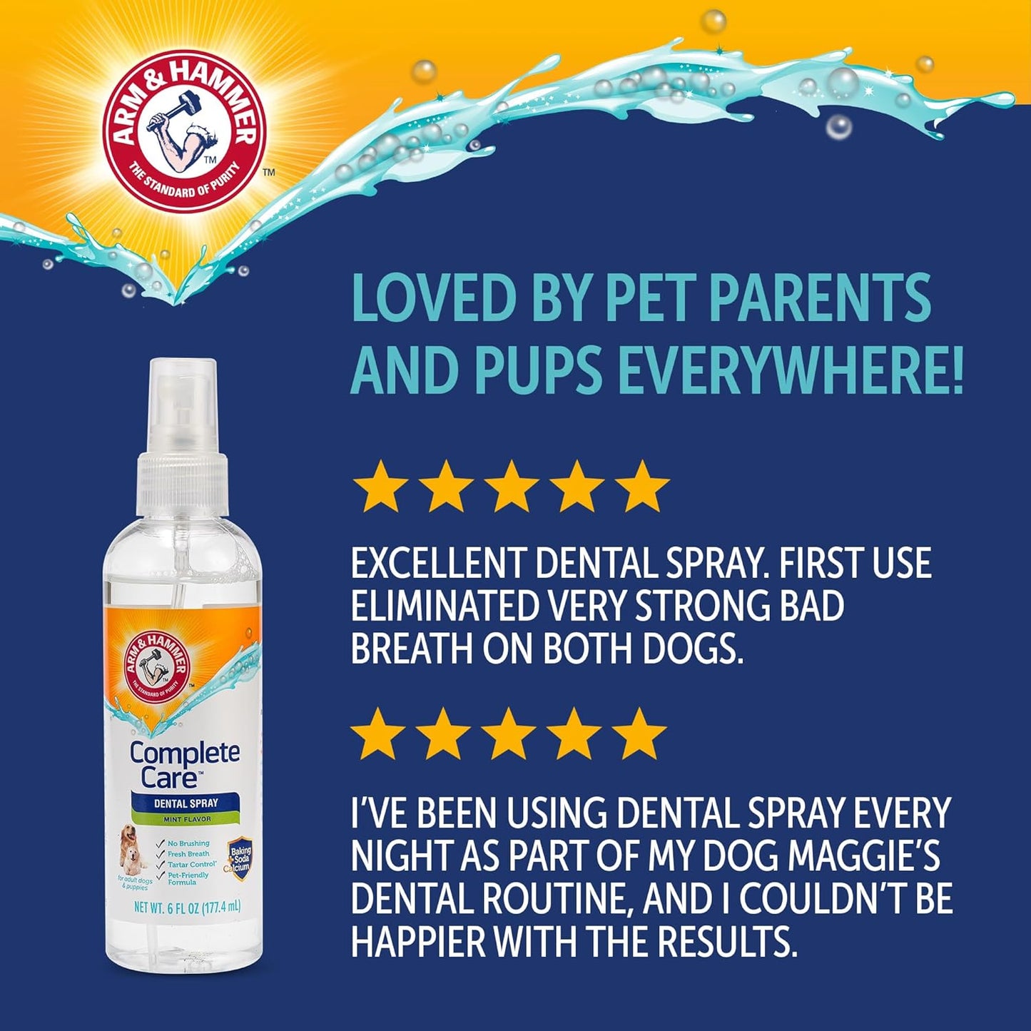 Arm & Hammer Complete Care Dog Dental Spray, Mint Flavor, Easy Brushless Dog Breath Freshener, Baking Soda Enhanced Formula for Fresh Dog Breath, 6oz