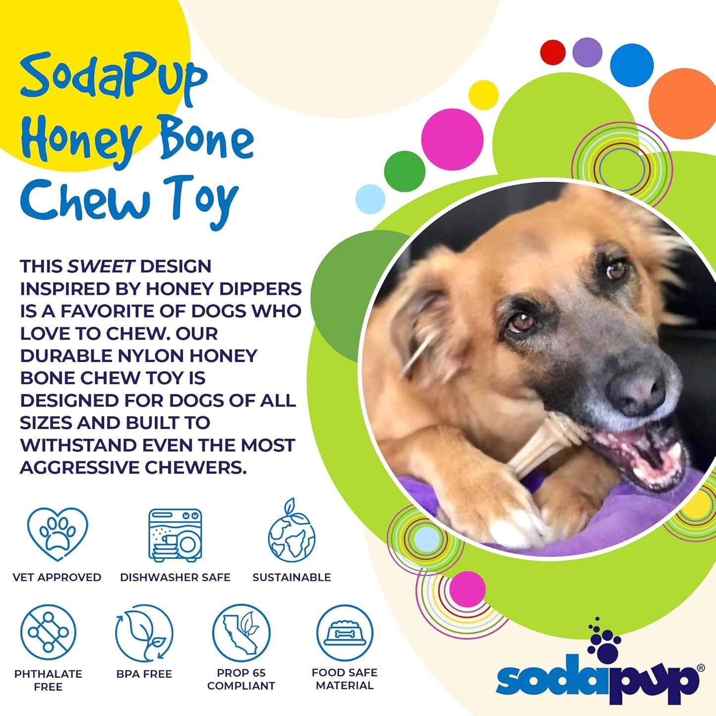 SodaPup Honey Bone – Durable Dog Chew Toy Made in USA from Non-Toxic, Pet Safe, Food Safe Nylon Material for Mental Stimulation, Clean Teeth, Fresh Breath, Problem Chewing, Calming Nerves, & More