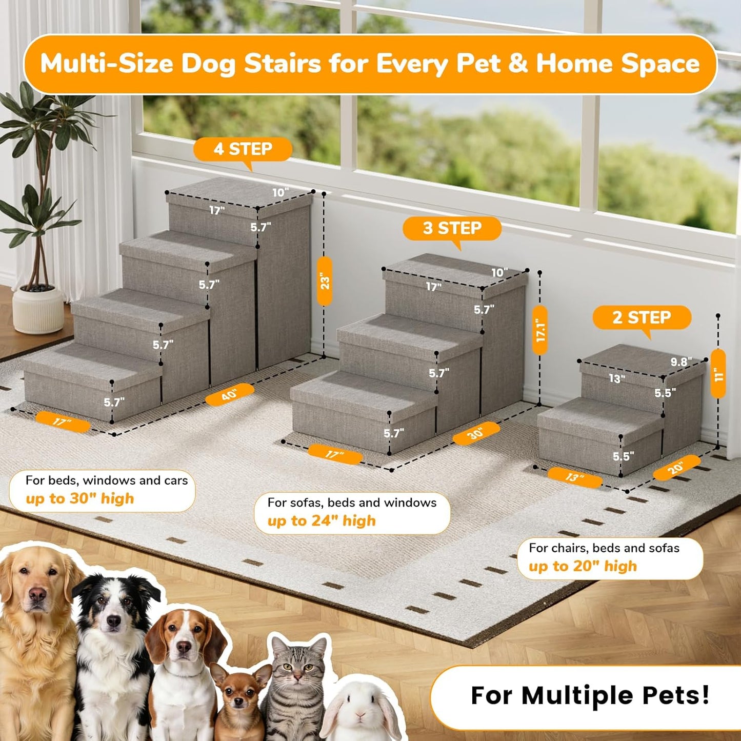 3-Step Wide Dog Stairs with Hidden Storage 18" H, Non-Slip Dog Steps for High Bed Couch Window Car, Jiont-Friendly Pet Stairs Ramp for Small/Medium/Large Old Dogs Cats Up to 200lbs, Grey