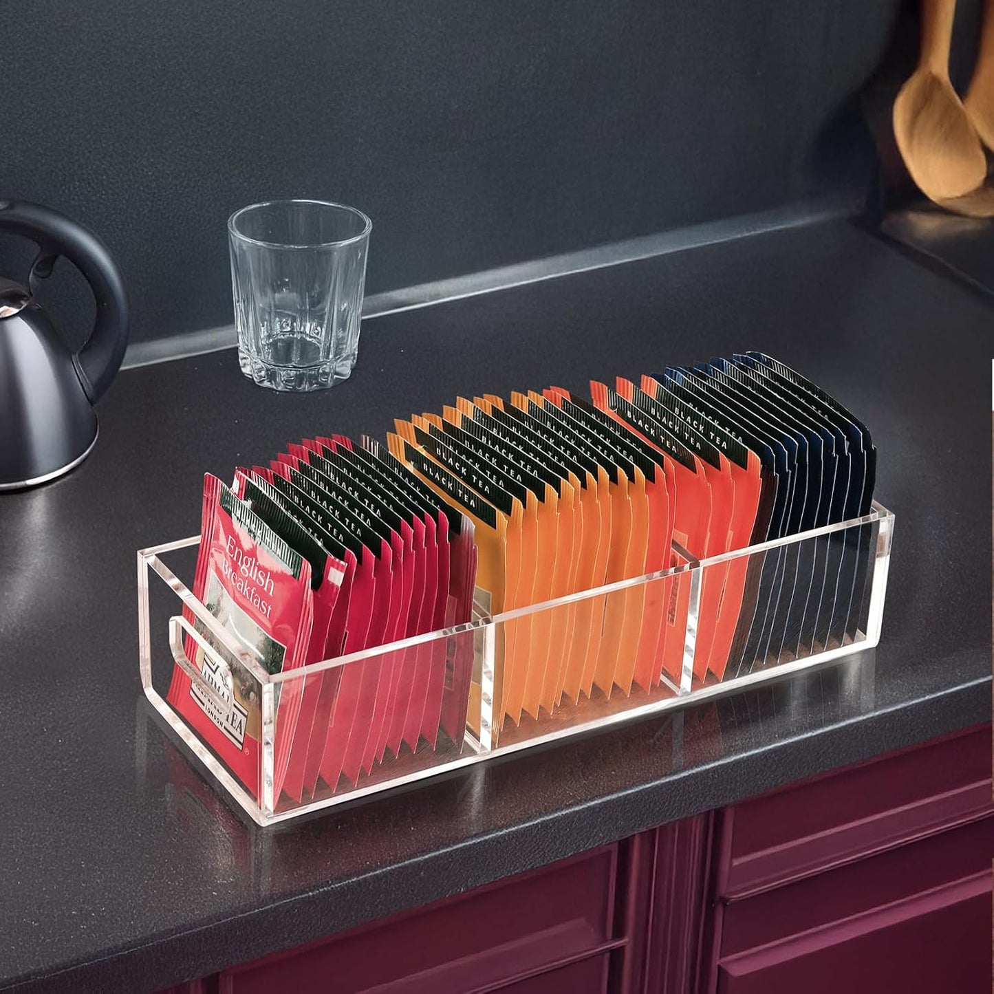 Tea Bag Organizer, Small Clear Tea Bag Holder for Drawer Kitchen Cabinets Pantry Countertops Organizers Storage, BPA-Free Acrylic Coffee Pods, Sugar Packets,Plastic Teabag Bins Home Organizer