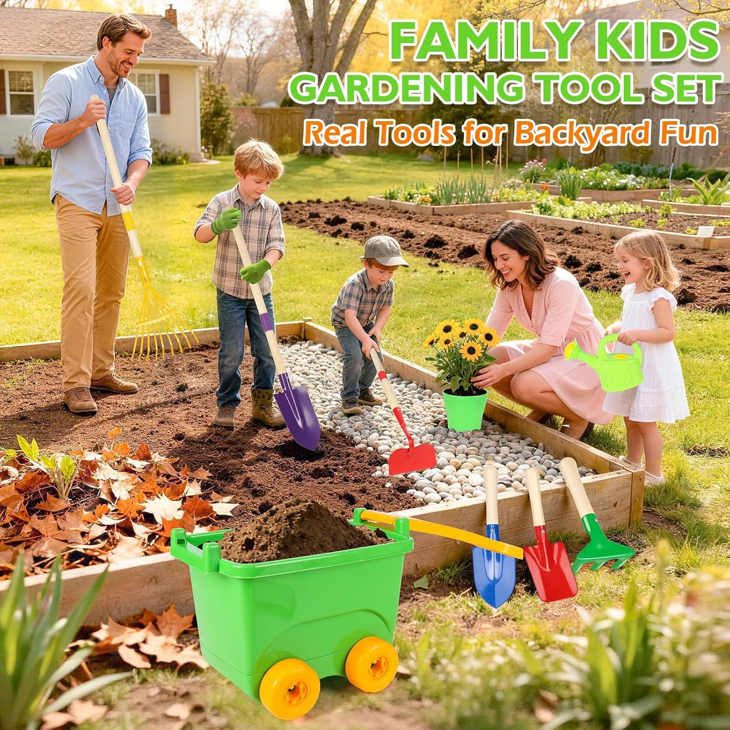 Kids Gardening Set, Outdoor Toys with Wheelbarrow and Kids Garden Tools, Toddler Gardening Set with Repotting mat, Gloves, Apron, Watering Can, Pretend Play Learning Toys for Kids Boys and Girls 3-8