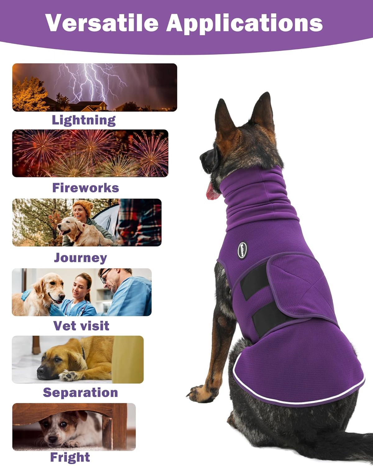 Dog Anxiety Vest with Hood, Skin-Friendly Thunder Jacket for Dogs, All-in-One Dog Calming Shirt with Hood for Thunder, Fireworks, Separation - Keep Pet Calm Without Medicine, Purple, XL