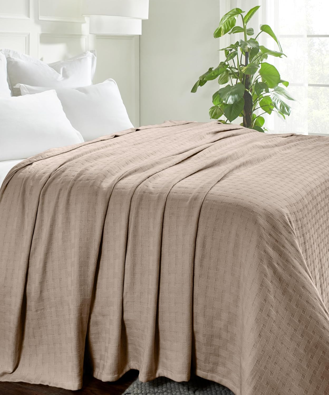 Superior Basketweave Cotton Blanket, Basket Weave Design, Soft, Comfy Cover for Bed, Bedding, Bedroom, Couch Throw, Lounging, Modern Boho Medium Weighted Blankets, Full/Queen, Khaki