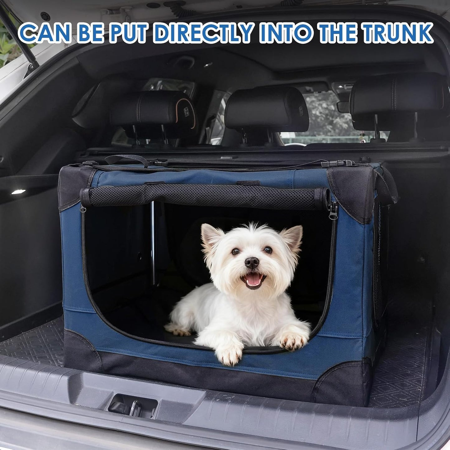 Soft Small Dog Crate - 24 inch Portable Travel Puppy Crate for Small Pets or 2 Cats, Collapsible Pet Carrier with 4 Mesh Doors, Car Kennel for Dogs with Handle for Indoor and Outdoor, Bule