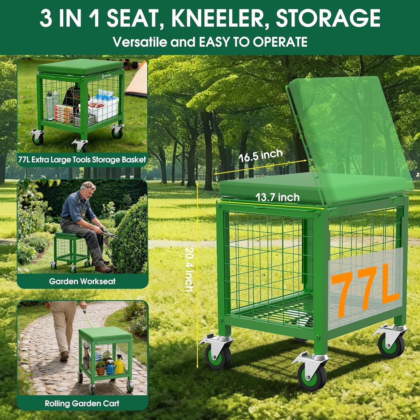 3 IN 1 Rolling Garden Cart with Kneeler and Seat on Wheels, Heavy Duty 500 Lbs Upgraded Garden Work Seat, Metal Garden Stools for Seniors, Multifunctional for Lawn/Patio/Backyard Outdoor Use