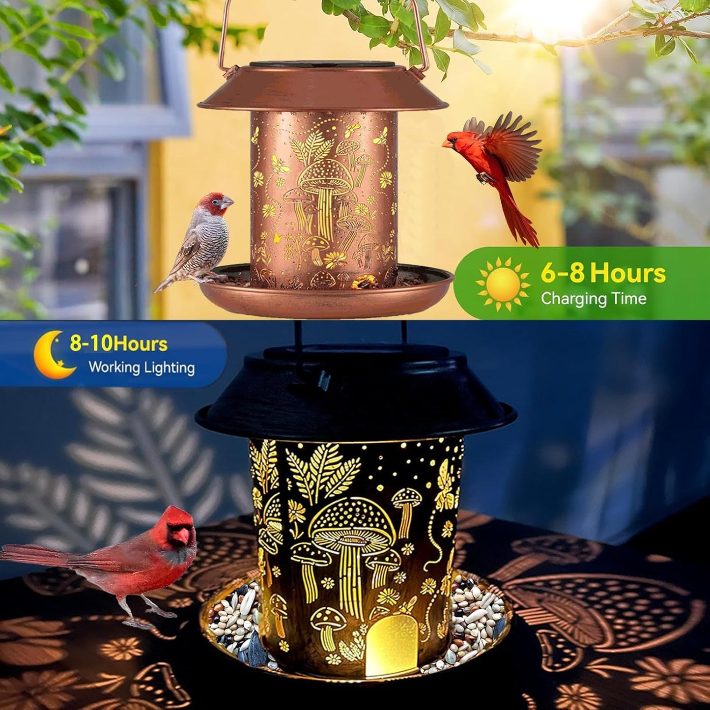 Solar Bird Feeder,Metal Wild Bird Feeders for Outdoor Hanging, Waterproof Outside Large birdfeeders for Cardinals,Mushroom Shaped Solar Garden Decor Lantern as Gift for Bird Lovers