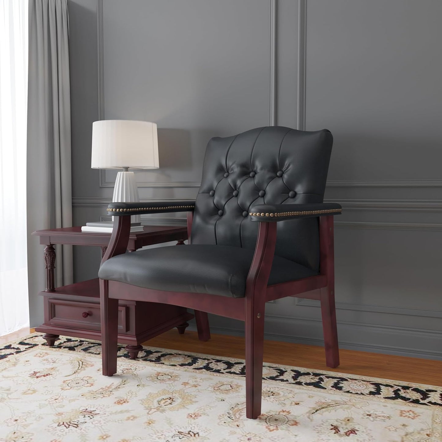 Boss Office Products Traditional Caressoft Vinyl Guest Chair with Mahogany Finish Wood Base, Black