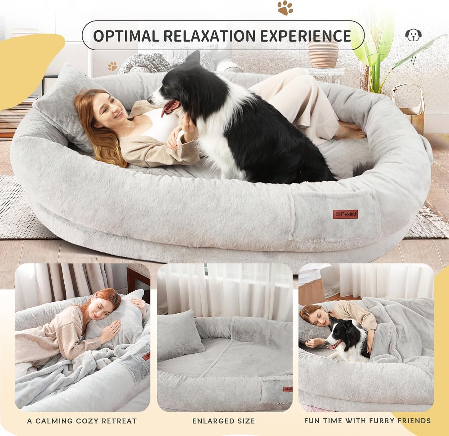 Human Dog Bed for Adults, 71"x51"x12" Washable Orthopedic Size, Faux Fur Removable, Cozy Large Present with Blanket and Pillow, Grey