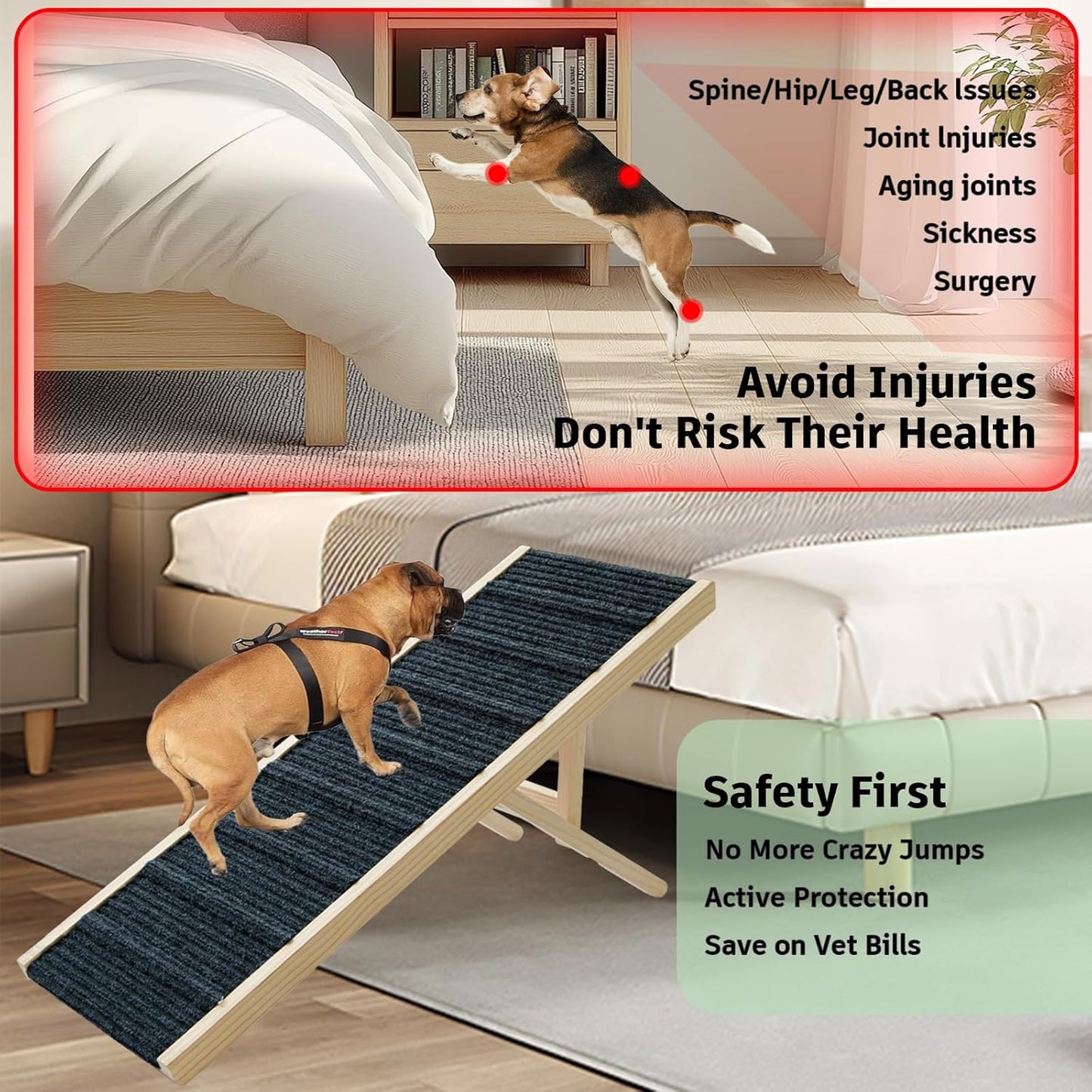 Dog Ramp for Bed, 43.5" Long Wooden Foldable Dog Ramp, 6 Adjustable Heights from 14" to 26" with Anti-Slip Traction Mat, Portable Pet Ramp for Car, Bed, Couch, Max 200lbs - 43.5inch