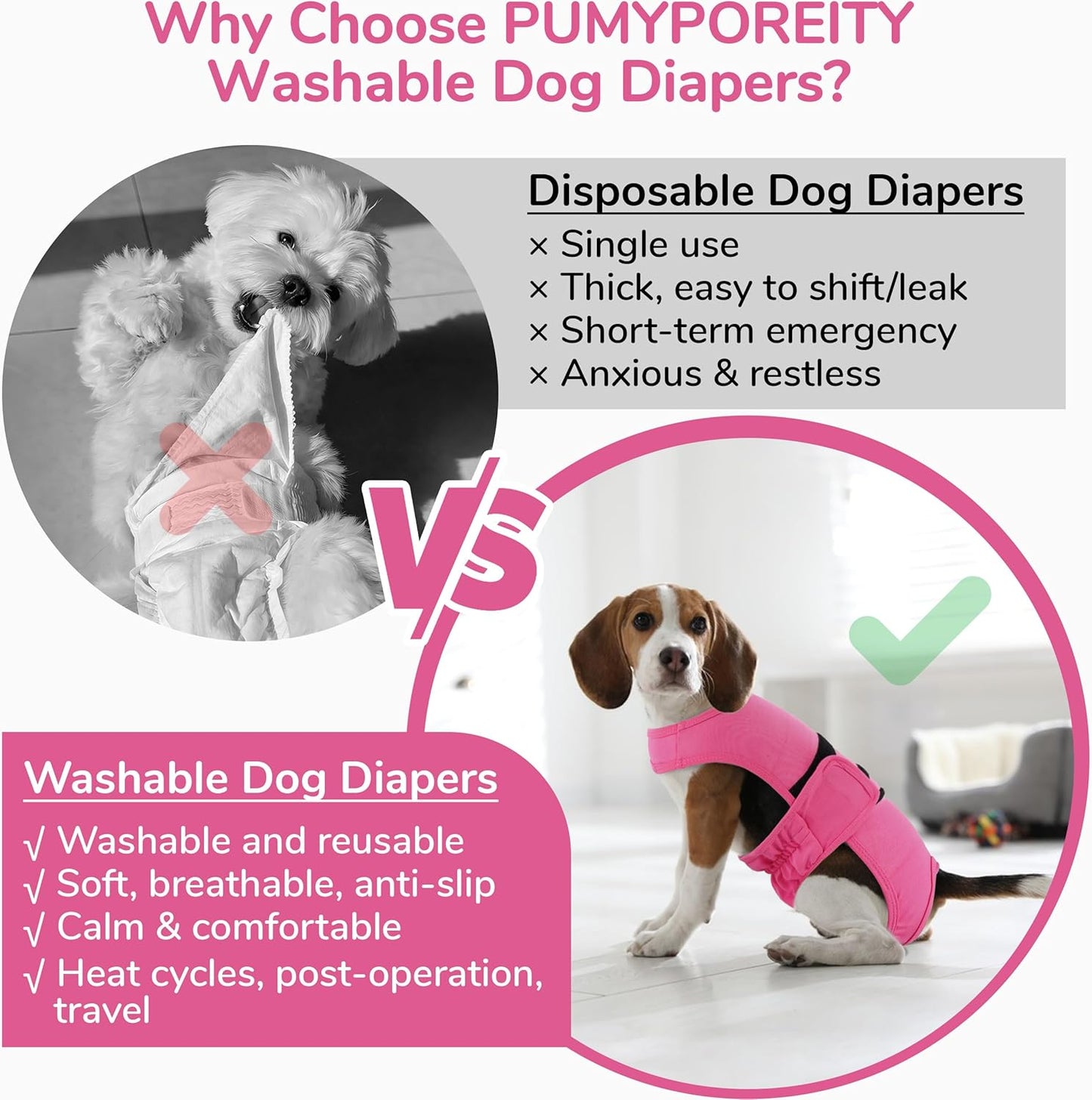 PUMYPOREITY Dog Diaper with Suspender, Escape-Proof Anti-Harassment Garment for Heat Cycle, Incontinence, Puppy Training, Senior Dog, L, Pink