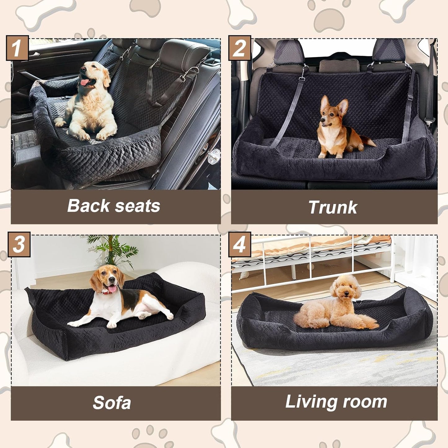 Suzile Dog Car Seat Bed for Large Under 100lbs Pet Booster for Back Seat Fully Detachable Washable with Safety Tethers Comfortable Protector for Home Travel Camping, 49'' x 22" (Black for Large Dogs)