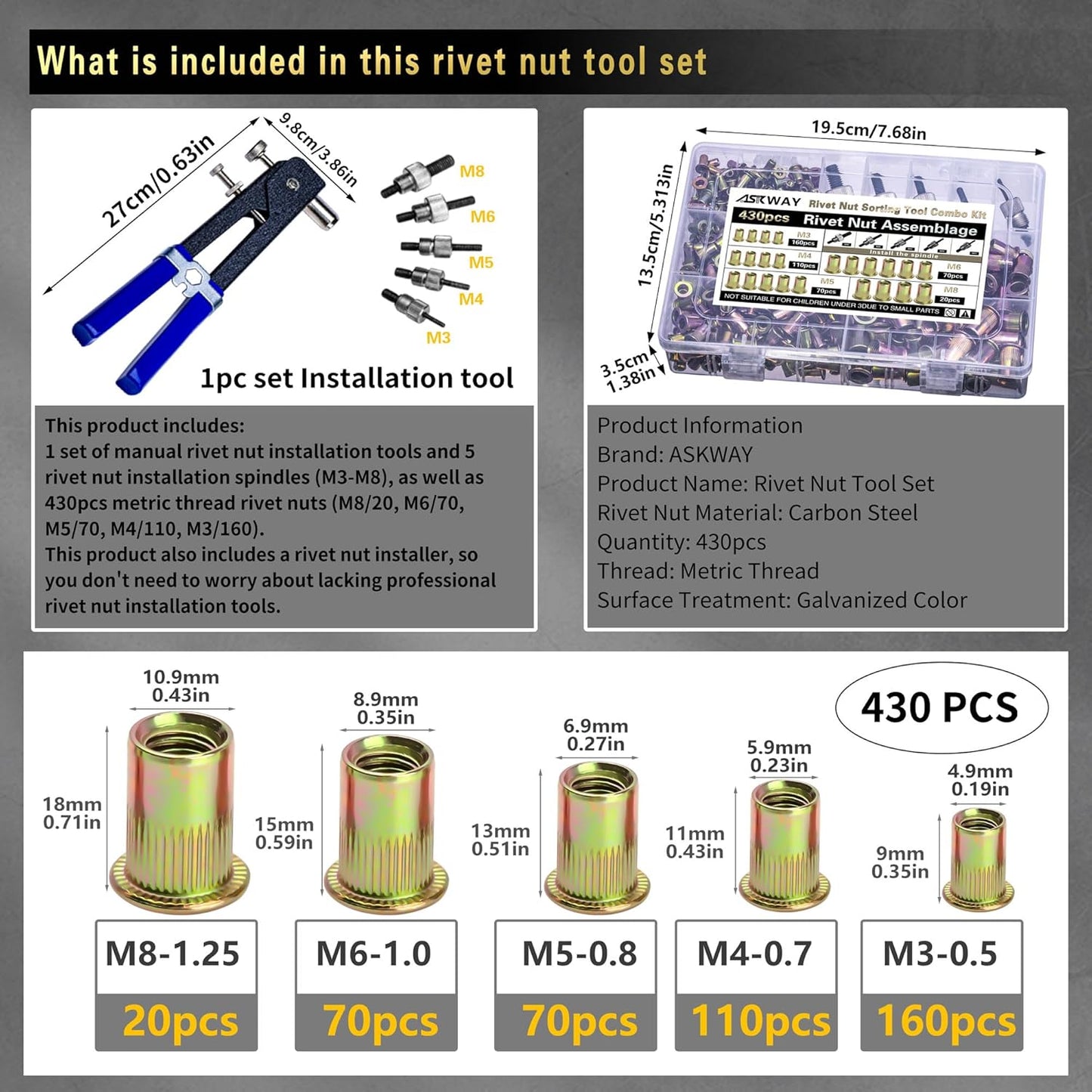 Pressure Rivet Nut Tool Kit, 430Pcs Metric Rivet Nut Combination (M8/M6/M5/M4/M3), Suitable for Furniture, Decoration, Automotive, Marine and Industrial Applications