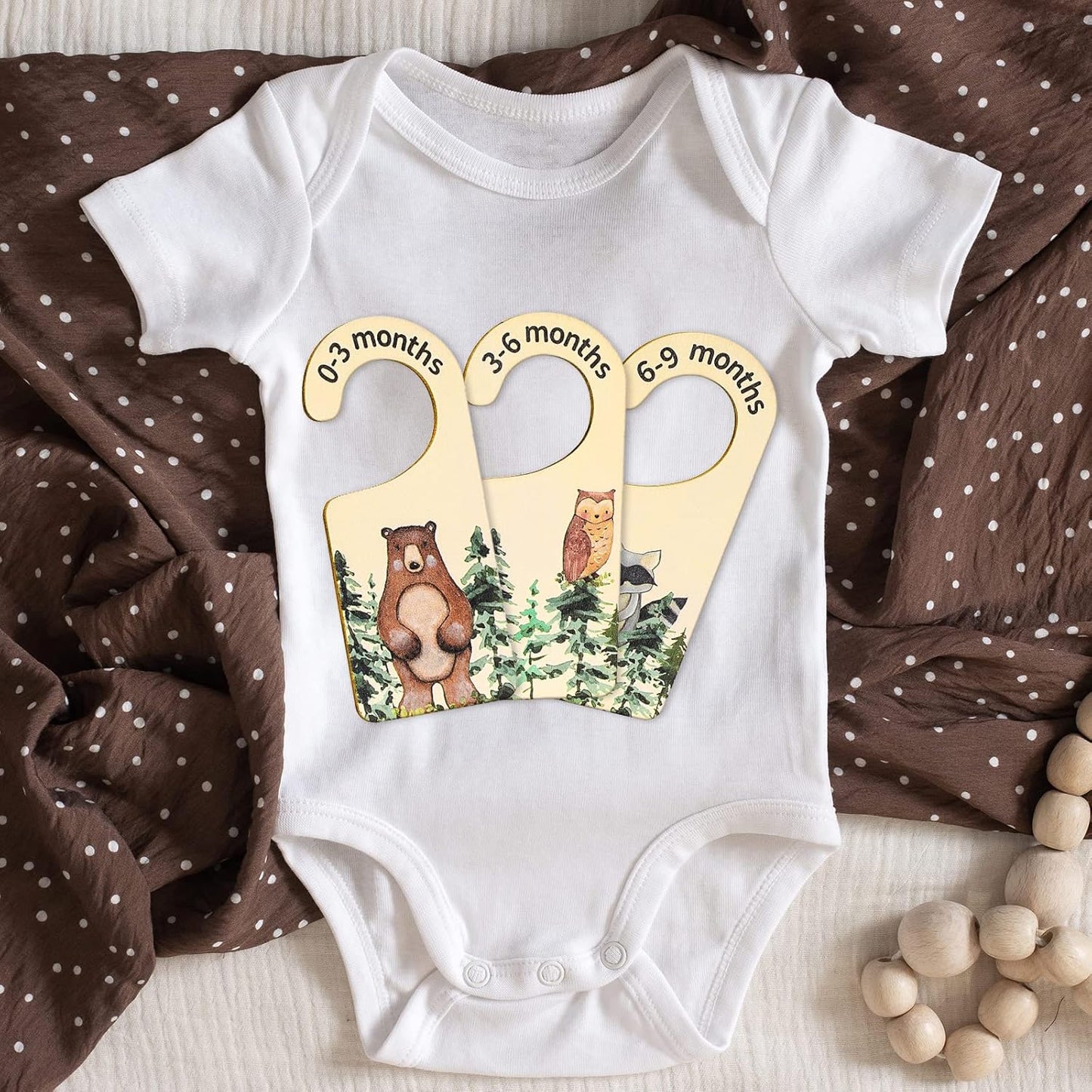 Whaline 8 Pcs Baby Closet Size Dividers Woodland Design Hanging Wooden Baby Closet Organizer Newborn to 24 Months Thicken Babies Wardrobe Organizer for Home Nursery Decor