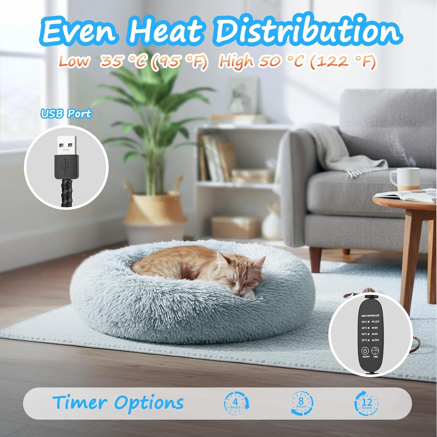 Heated Cat Bed for Indoor Cats, 23-inch Cozy Donut with USB Power, Adjustable Temperature & Timer, Machine Washable Cover for Small & Medium Cats (Light Gray)