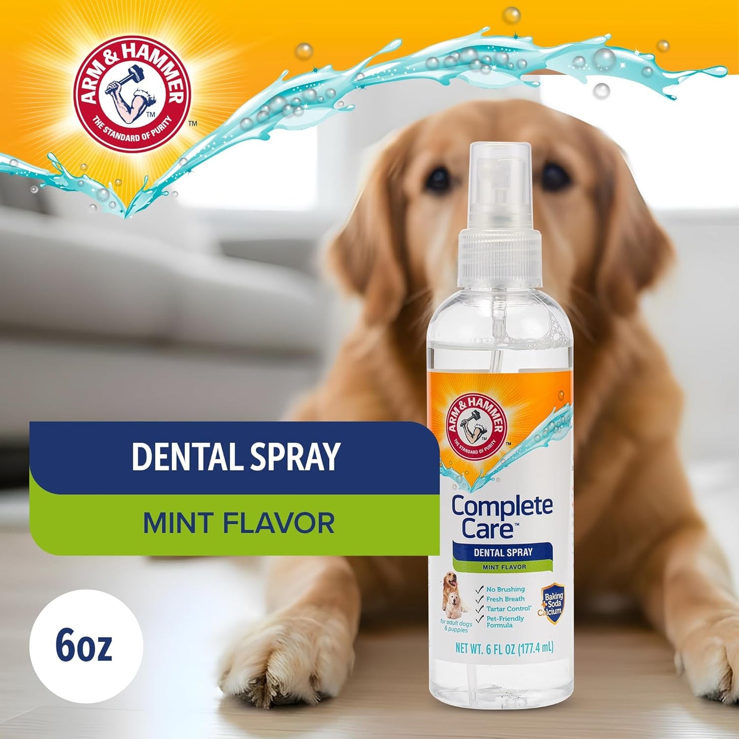 Arm & Hammer Complete Care Dog Dental Spray, Mint Flavor, Easy Brushless Dog Breath Freshener, Baking Soda Enhanced Formula for Fresh Dog Breath, 6oz
