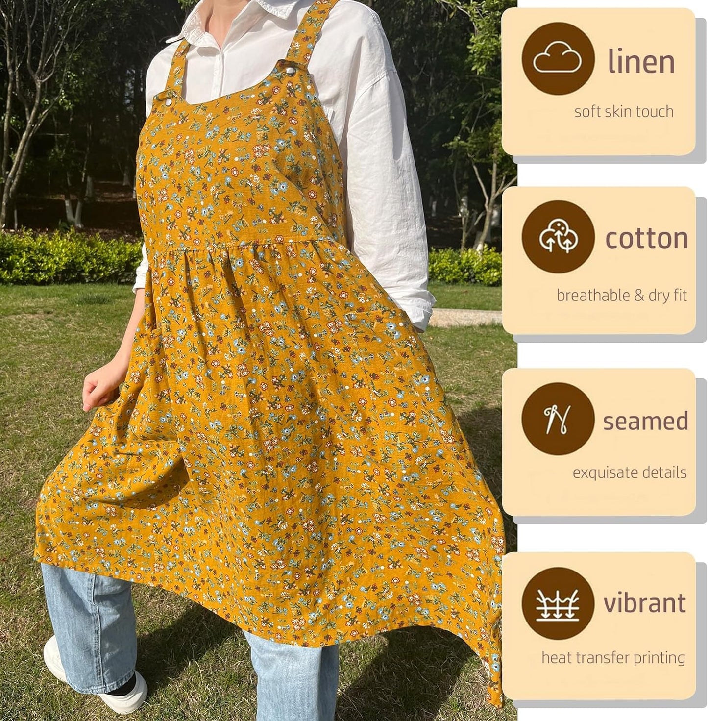 Cityelf Vintage Pinafore Apron Dress Snap Adjust Linen Cotton with Pockets Floral Aprons for Cooking Gardening