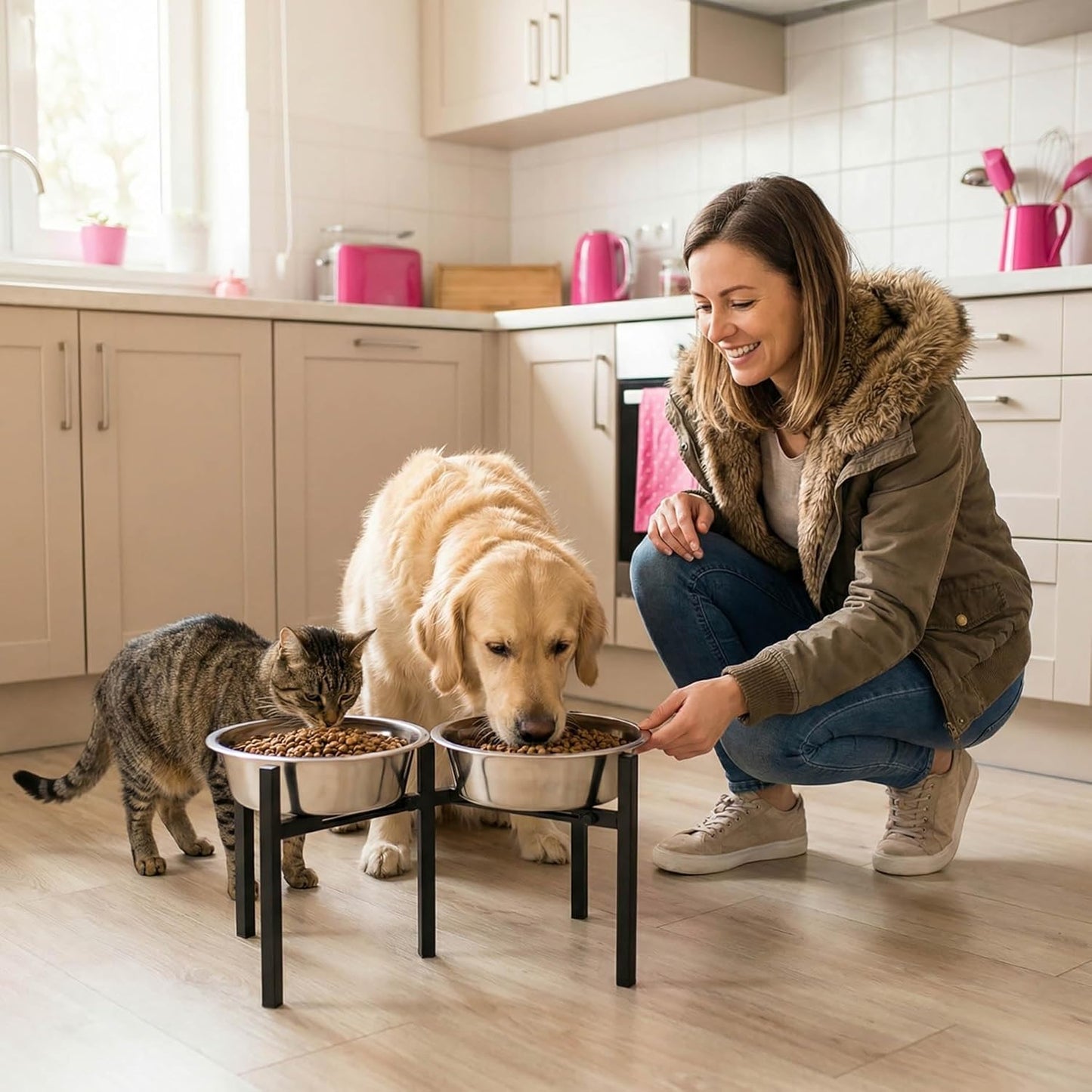 Adjustable Elevated Dog Bowl Stand, Metal Feeder Riser for Large Medium Dogs, Portable Travel Design, Slow Feeder Compatible (Without Bowls)
