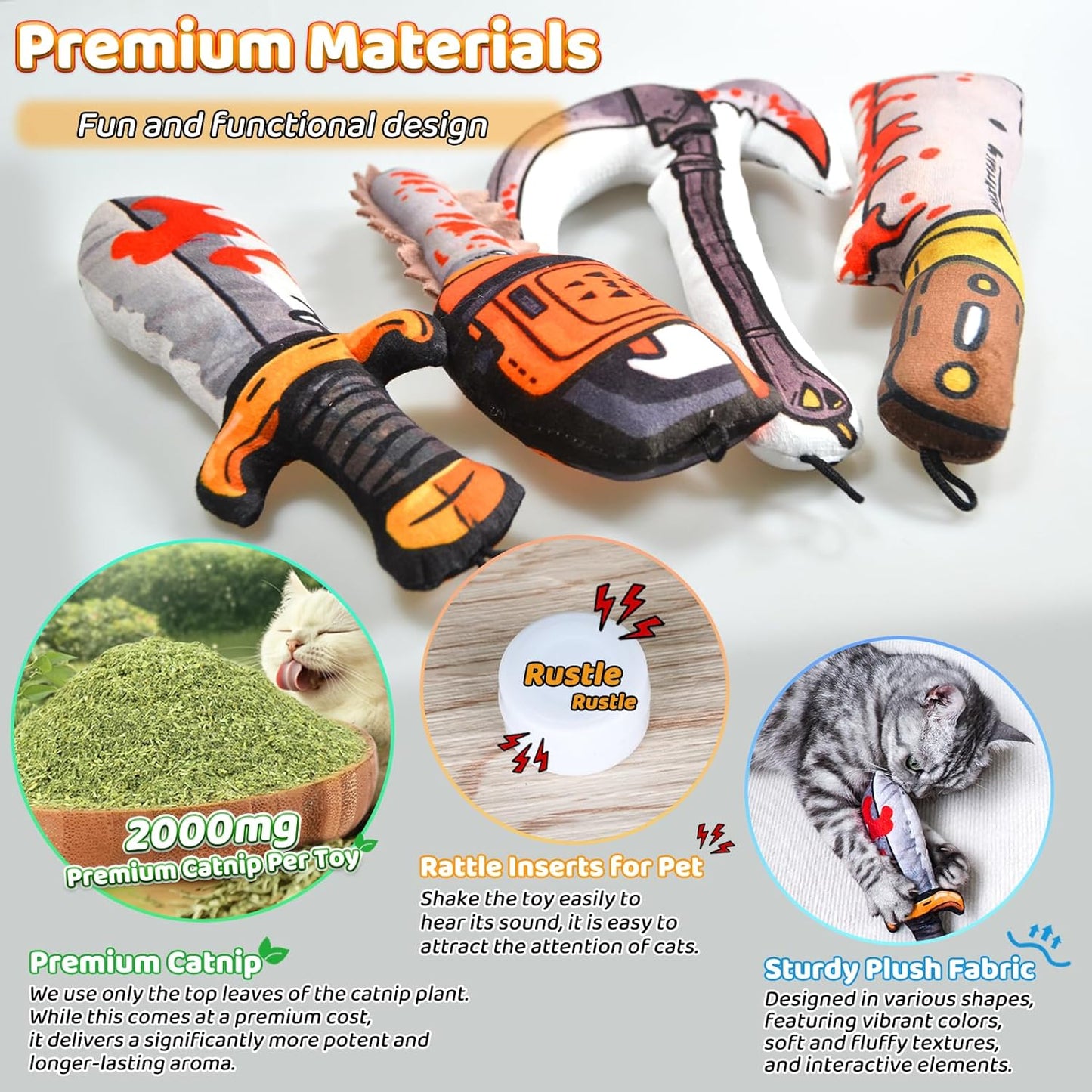 Cat Toys [8000mg Premium Catnip] Cartoon Colorful Style Horror Funny Knife Catnip Cat Toys Durable Rattle Sound Toy for All Cat Breeds Indoor Interactive Kitten Toys Get Bored Cats Active 4 PCS