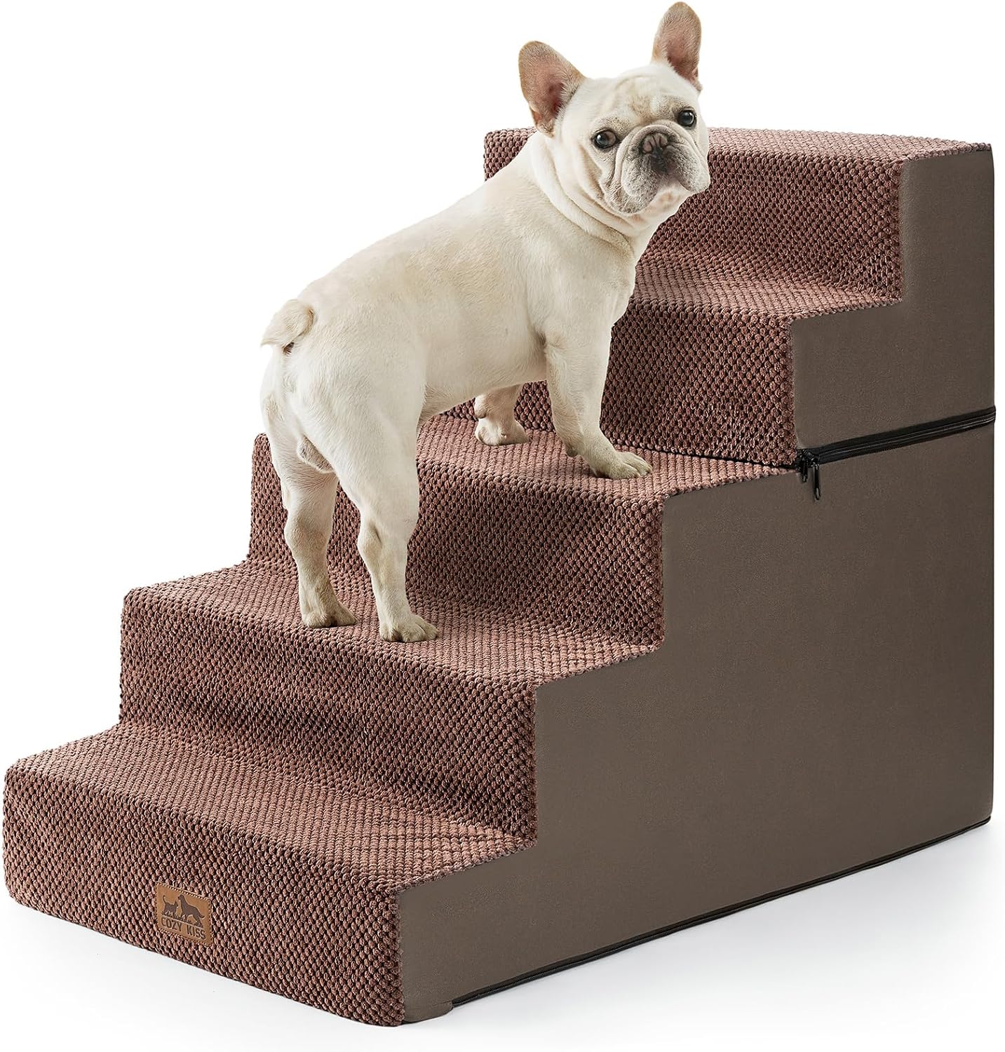 Dog Stairs with Detachable Zipper, 19.7" Extra Wide Right-Angle Pet Stairs for Bed, Anti-Slip Dog Steps for Lowrider and Puppy, Elderly Cats with Support Board, 19.7x29.5x23.6 inch, Brown