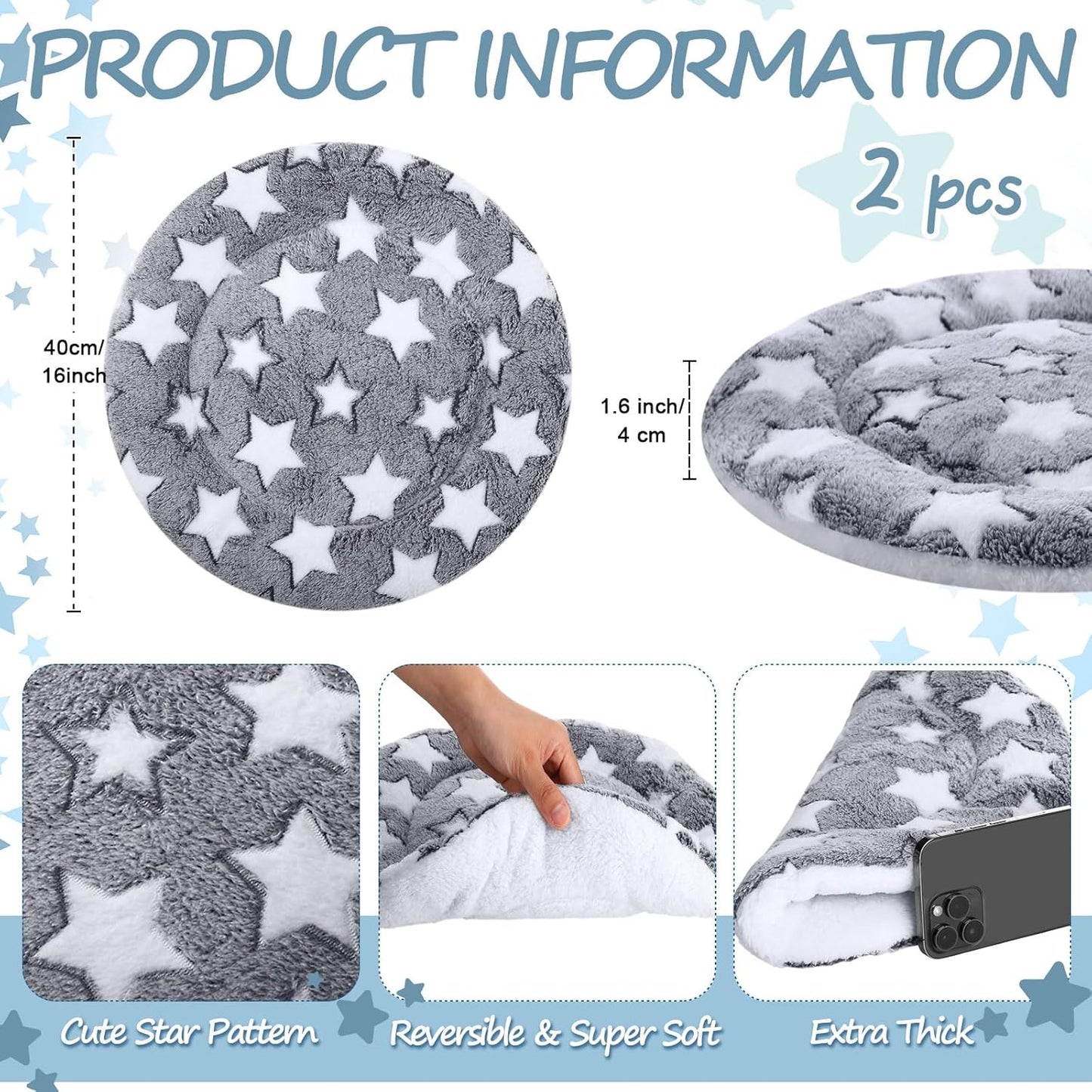 VitalCozy 2 Pack Self Heating Cat Pad Self Heating Cat Bed Machine Washable Heat Pet Mat Reversible Body Thermal Warm Round Dog Bed Crate Blanket for Feral and Indoor Cats(16'',Large Star)