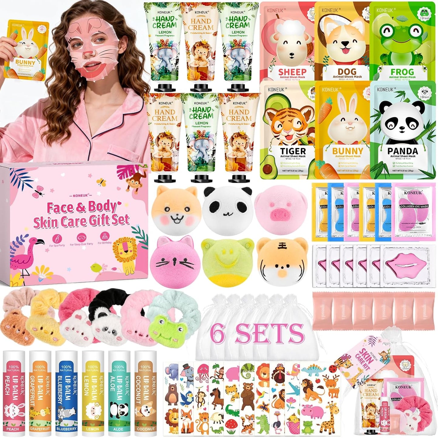 70PCS Animal Spa Party Supplies for Girls, Spa Party Favors Kit Include Girls Face Mask, Lip and Eye Mask Set, Lip Balm, Hand Cream and Foot Bath Bombs, Spa Birthday and Sleepover Party Supplies Gifts